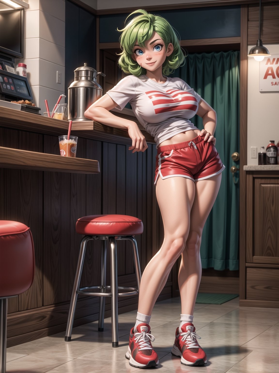 A woman, wearing ((white T-shirt with red stripes with logo:"ROD", short red shorts with stripes, long white sock and sneakers, gigantic breasts)), short hair, green hair, curly hair, messy hair, hair with bangs in front of her eyes, (((looking at the viewer, sensual pose with interaction and leaning on anything+object+on something+leaning against+leaning against))) in a diner full of people, with counter, tables and chairs, soda machines, ((full body):1.5); 16K, UHD, unreal engine 5, quality max, max resolution, ultra-realistic, ultra-detailed, maximum sharpness, ((perfect_hands):1), Goodhands-beta2,