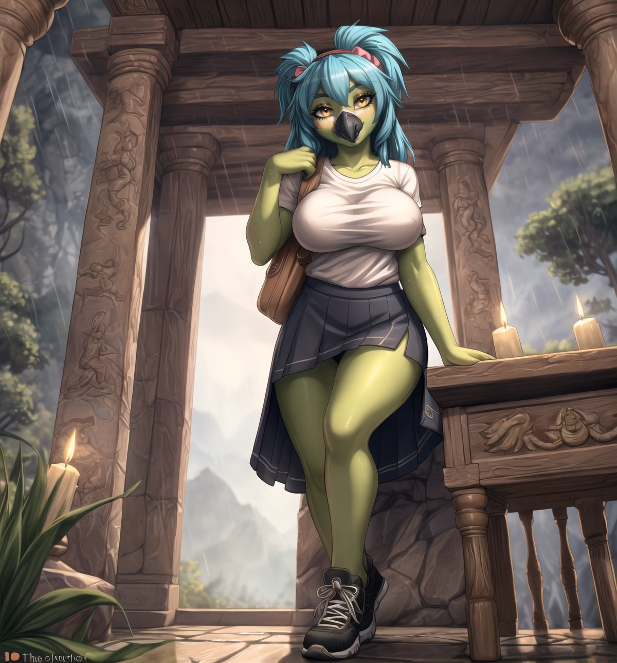 ((Image with cartoom art style, sexy anime and unreal engine 5, rendered in ultra-high resolution with realistic details):1.2). | Daiana, a sensual and mysterious 22-year-old (((female parrot))), is positioned in an ancient temple in the mountains on a rainy night. Her curvaceous body is highlighted by the school attire she wears, consisting of a white t-shirt with cufflinks, a black accordion skirt, long lycra socks reaching the height of the crotch and black shoes. Her ((green skin glows)) in the light of the candles that illuminate the place, while her feet are firmly placed on the damp floor. She has long, straight blue hair, with two long pigtails with metallic clips, which fall down her back. She has yellow eyes that stare at the viewer, with a seductive smile and a shiny black beak. She also carries a school bag on her back, adding a touch of innocence to her appearance. | Composition at a general shot angle, emphasizing the imposing figure of Daiana and the architectural elements of the temple. The rock and wooden structures, along with Daiana, the altar, pillars and ancient sculptures, create a haunting and seductive environment. The rain hitting the rocks and the wind blowing through the trees create visual effects that add depth and dynamism to the scene, while the candles lighting the place create a cozy and mysterious atmosphere. | Soft, moody lighting effects create a sensual and mysterious atmosphere, while detailed textures on the structures and costume add realism to the image. | A sensual and terrifying scene of Daiana, a female parrot, in an ancient temple in the mountains on a rainy night, fusing elements of cartoon art, sensual anime and unreal engine 5. | (((((The camera reveals a full-body-shot as she assumes a sensual-pose, engagingly leaning against a structure within the scene in an exciting manner. She takes on a sensual-pose as she interacts, boldly leaning on a structure, leaning back in an exciting way))))). | ((perfect anatomy, perfect body)), ((((perfect pose)))), ((perfect fingers, better hands, perfect hands, perfect legs, perfect feet)), (((perfect_breasts, huge_breasts))), ((perfect design, correct errors, perfect composition, very detailed scene, very detailed background, correct imperfections, perfect layout):1.2), ((More Detail, Enhance))