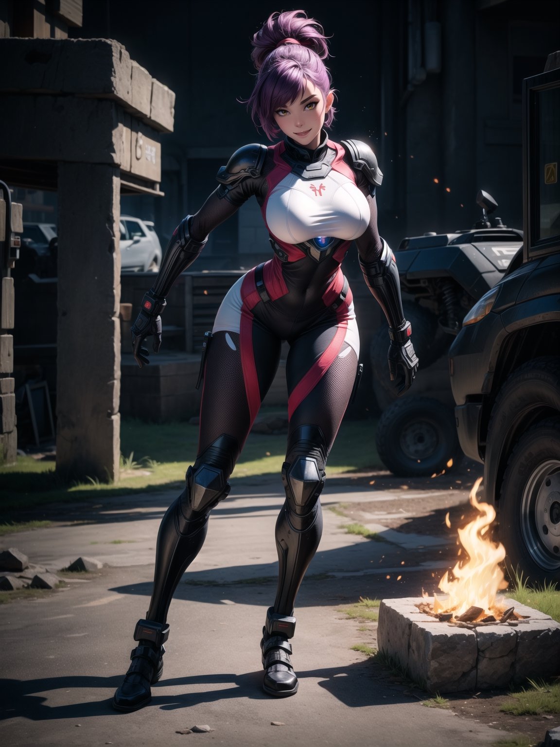 A woman, wearing white cybernetic armor with tight and tight red areas, gigantic breasts, wearing helmet with visor, purple hair, extremely short hair, rebellious hair, hair with ponytail, hair with bangs in front of the eye, looking at the viewer, (((sensual pose+Interacting+leaning on anything+object+leaning against))), on a battlefield with machines, stone structures, military vehicles, fire everywhere, ((full body):1.5), 16K, UHD, unreal engine 5, quality max, max resolution, ultra-realistic, ultra-detailed, maximum sharpness, ((perfect_hands):1), Goodhands-beta2, ((technological))