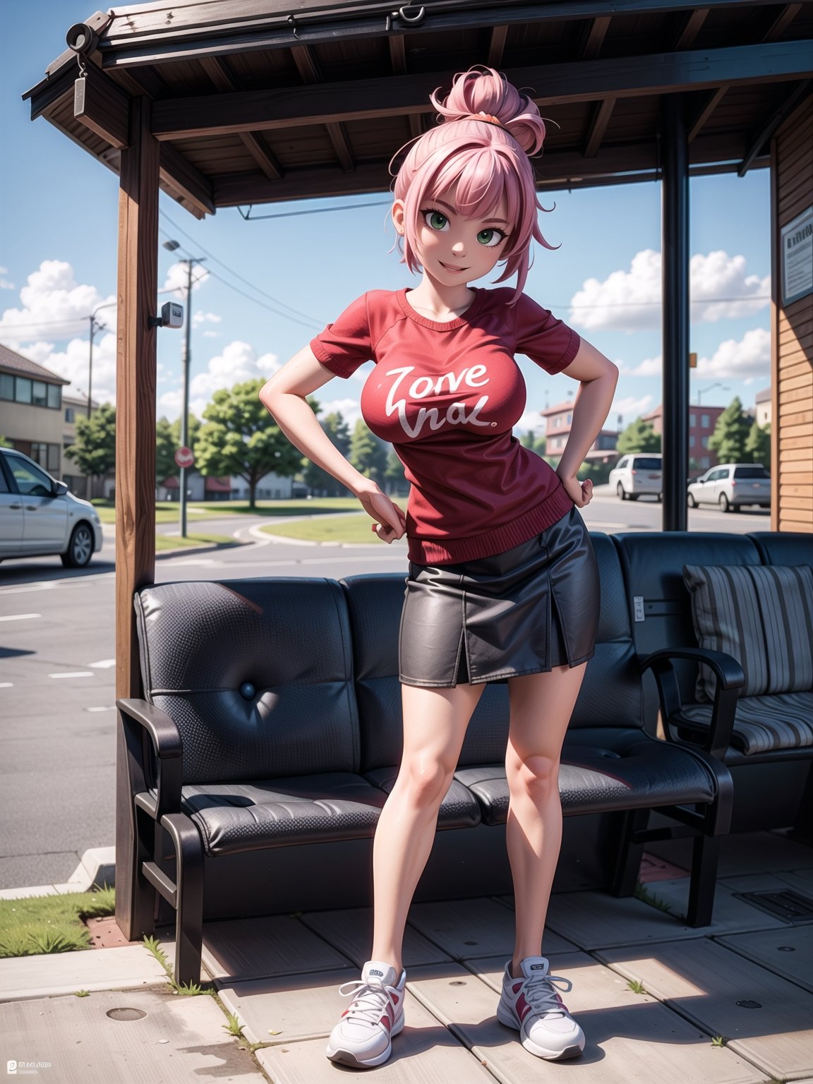 A woman, red T-shirt without collar and sleeves, very short black skirt, white sneakers, gigantic breasts, wearing cap, pink hair, extremely short hair, rebellious hair, hair with ponytail, hair with bangs in front of the eye, looking at the viewer, (((sensual pose+Interacting+leaning on anything+object+leaning against))), at a bus stop with benches,  structures, people queuing, ((full body):1.5), 16K, UHD, unreal engine 5, quality max, max resolution, ultra-realistic, ultra-detailed, maximum sharpness, ((perfect_hands):1), Goodhands-beta2