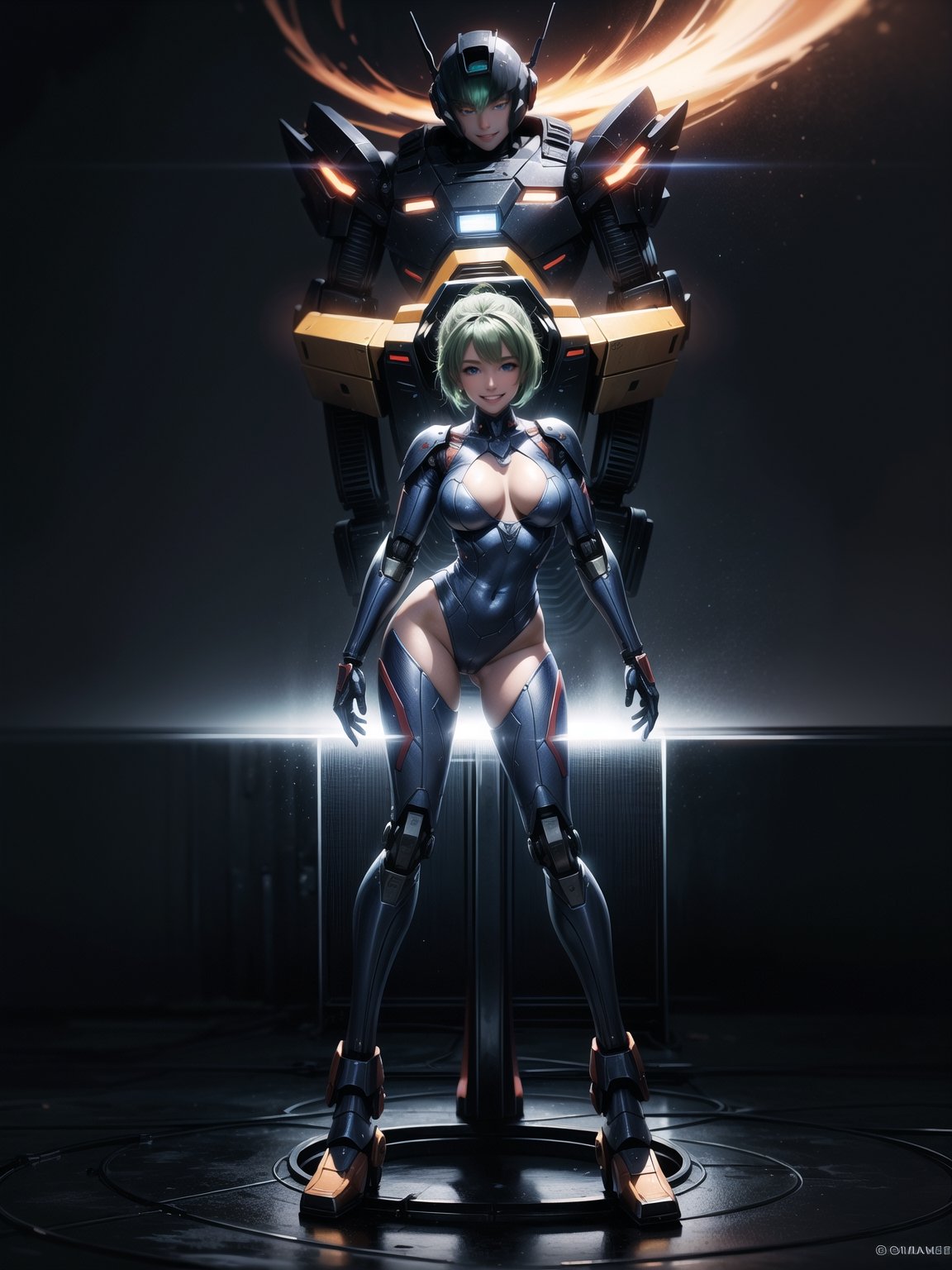 A woman, wearing mecha suit+mecha armor+Bionic armor, blue suit with blank parts, gigantic breasts, helmet with glass visor, green hair, extremely short hair, rebellious hair, hair with ponytail, hair with bangs in front of the eye, looking at the viewer, (((sensual pose+Interacting+leaning on anything+object+leaning against+existing))), in the underworld at night with many machines, robots, machines, metal structures, ((full body):1.5), 16K, UHD, Unreal Engine 5, quality max, max resolution, ultra-realistic, ultra-detailed, maximum sharpness, ((perfect_hands):1), Goodhands-beta2, [megaman, super metroid], ((mecha))