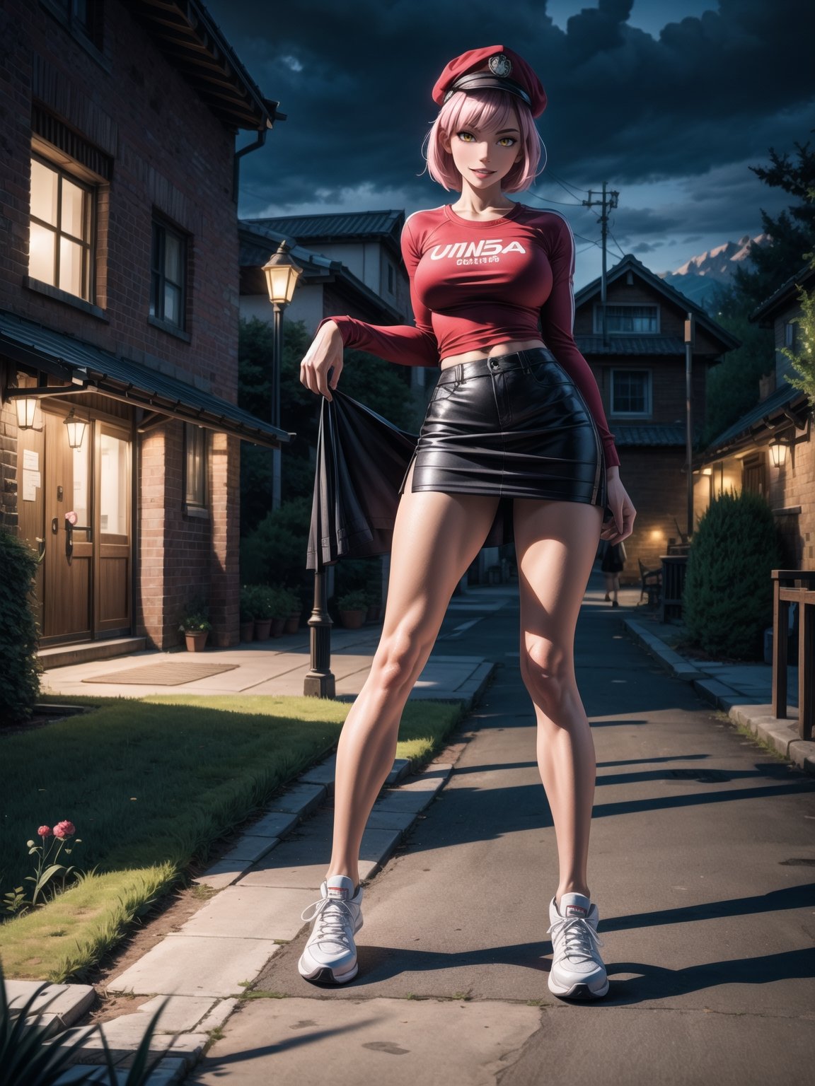 A woman, red shirt without collar and sleeves, very short black skirt, white sneakers, gigantic breasts, wearing cap, pink hair, extremely short hair, rebellious hair, hair with ponytail, hair with bangs in front of the eye, looking at the viewer, (((sensual pose+Interacting+leaning on anything+object+leaning against))), in a small square at night with many structures, banks, trees, lots of people walking, (full body:1.5), 16K, UHD, unreal engine 5, quality max, max resolution, ultra-realistic, ultra-detailed, maximum sharpness, ((perfect_hands):1), Goodhands-beta2