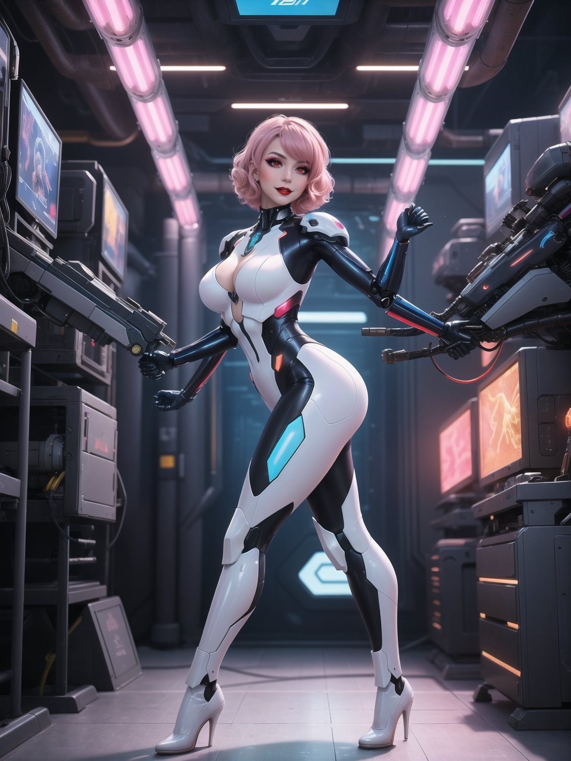 A woman there, wearing a mecha costume, an all-white outfit, a costume with blue parts, very tight costume on the body,  she has gigantic breasts, very short hair, pink hair, curly hair, hair with bangs in front of her eyes, she is looking directly at the viewer, she is in a futuristic laboratory, with large technological structures, computers, futuristic machines, light pipes, robots, super metroid, ((full body)),  UHD, best possible quality, ultra detailed, best possible resolution, ultra technological, Unreal Engine 5, professional photography, ((she is doing sensual pose, with interaction and leaning on anything, structures+object+on something+leaning against)), perfect, More detail,
