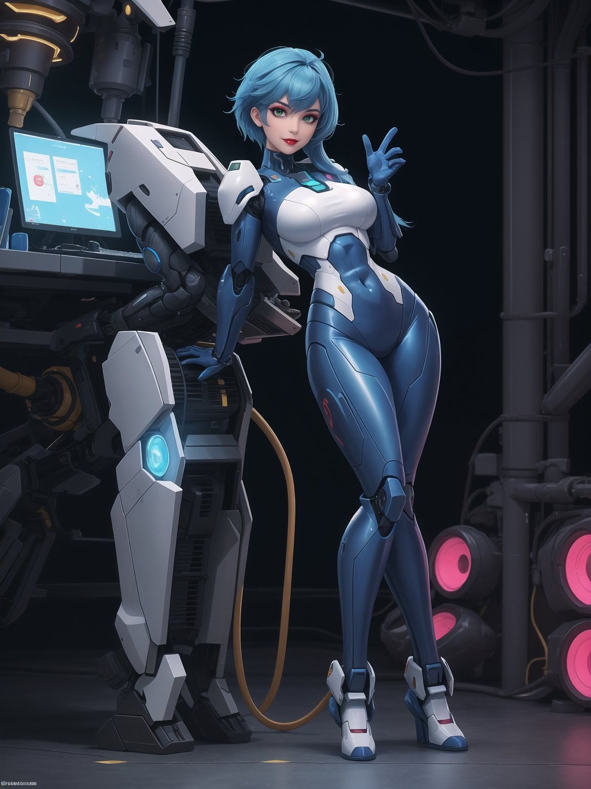 A woman is wearing an all-white mecha costume, with blue parts and luminous couplings. The mecha suit is very tight on the body and has cybernetic armor. She has gigantic breasts and short, blue, mohawk hair with a fringe that falls in front of her eyes. She is looking directly at the viewer. She is in an alien aircraft filled with technological structures, machines, computers and aliens armed with lasers. Sidera, ((she is striking a sensual pose, leaning on anything or object, resting and leaning against herself over it)), ((full body)), super_metroid, mecha, UHD, best possible quality, ultra detailed, best possible resolution, Unreal Engine 5, professional photography, perfect hand, fingers, hand, perfect, More detail,