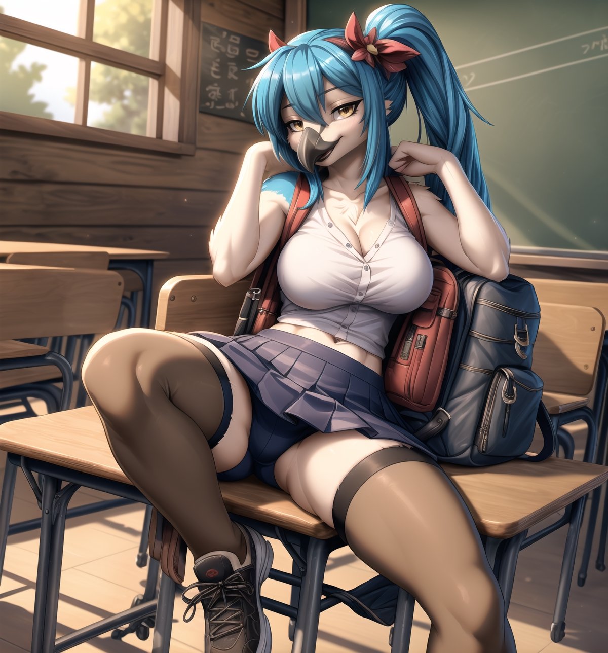 ((Ultra-detailed 4K image with sensual anime style, rendered using Unreal Engine 5 technology):1.2). | Daiana, a sensual and provocative 22-year-old female parrot, is positioned in a dimly lit classroom. Her curvaceous body is highlighted by a tight school outfit, consisting of a white t-shirt with buttons, a black accordion skirt, long lycra socks reaching the height of the crotch, black shoes and a school backpack on her back. Her long blue hair with two long pigtails with metallic clips, straight and silky hair, falls softly on her shoulders. Her yellow eyes stare at the viewer with a seductive expression, while she smiles with her bright beak. | Composition at a general shot angle, emphasizing Daiana's sensual figure and the elements of the classroom. The old and worn school structures, large wooden table, blackboard and closed windows create a realistic and immersive environment. The dim, yellow lighting adds a sensual touch to the scene, creating dramatic shadows and highlighting the scene's details. | Soft, moody lighting effects create a mysterious and sensual atmosphere, while detailed textures on the structures and costume add realism to the image. | A sensual anime scene featuring Daiana, a female parrot, in a dimly lit classroom, combining cartoon and sensual anime art styles powered by Unreal Engine 5. | (((((The camera reveals a full-body-shot as she assumes a sensual-pose, engagingly leaning against a structure within the scene in an exciting manner. She takes on a sensual-pose as she interacts, boldly leaning on a structure, leaning back in an exciting way))))). | ((perfect anatomy, perfect body)), ((((perfect pose)))), ((perfect fingers, better hands, perfect hands, perfect legs, perfect feet)), (((perfect_breasts, huge_breasts))), ((perfect design, correct errors, perfect composition, very detailed scene, very detailed background, correct imperfections, perfect layout):1.2), ((More Detail, Enhance))