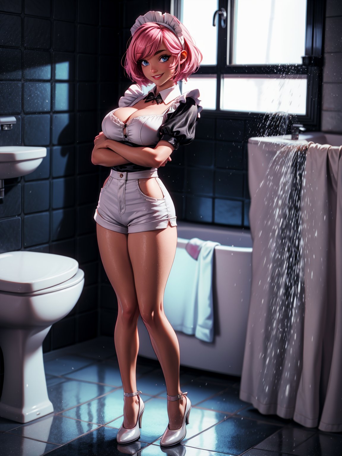 {((1woman))}, only she is {((wearing black maid attire, extremely short and tight white shorts on the body)), only elá has ((giant breasts)), ((very slick pink short hair, blue eyes)), ((staring at the viewer, smiling)), ((pose, in a bathroom, shower, bath, toilet, sink, window, bathroom full of foam))}, ((full body):1.5), 16k, best quality, best resolution, best sharpness,