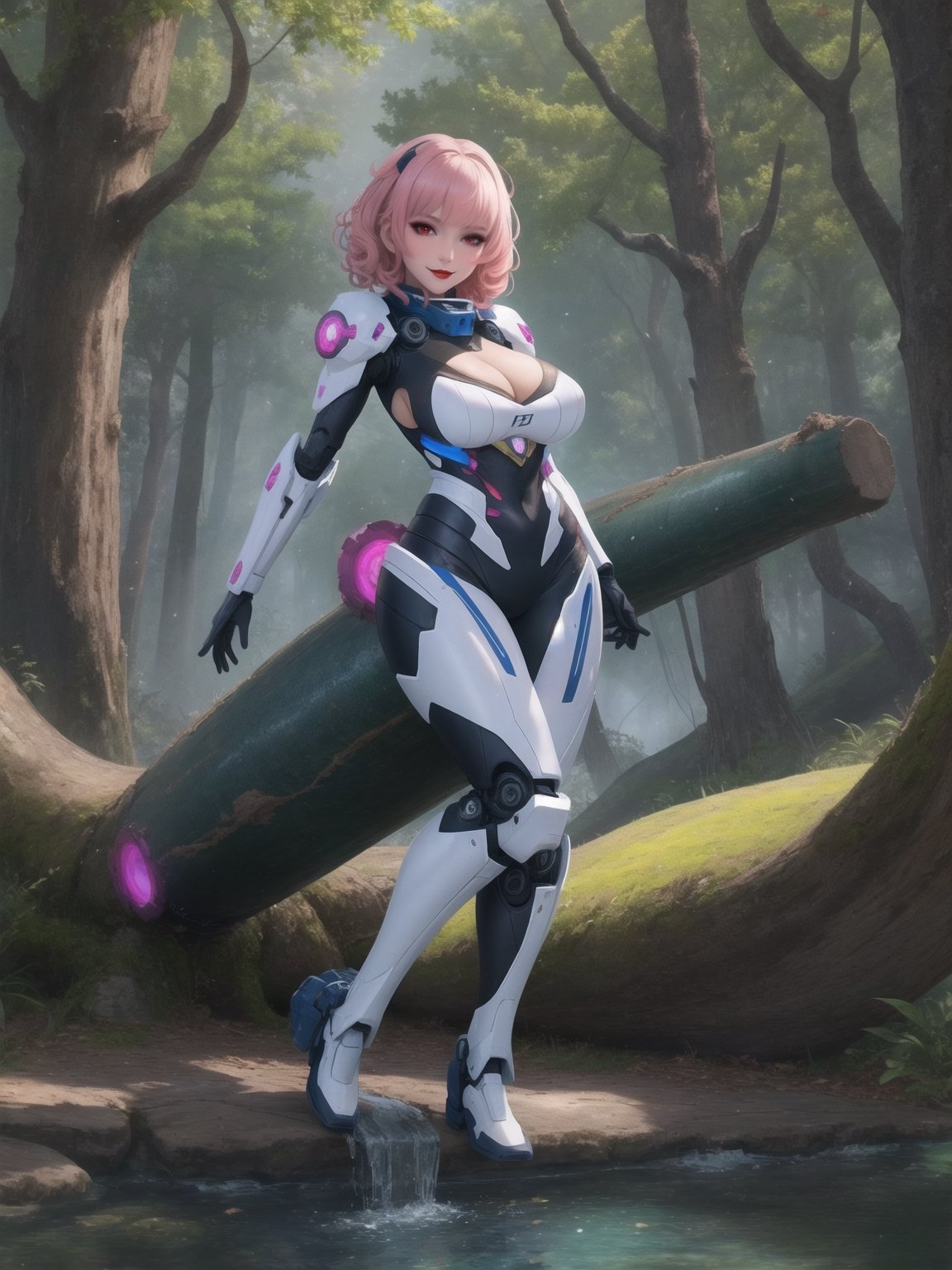 A woman is wearing an all-white mecha suit with blue parts. The mecha suit is very tight on her body, she has gigantic breasts. She has very short, pink, curly hair, with bangs in front of her eyes. She is looking directly at the viewer. She is in a magical forest with lots of trees, wooden structures and large tree trunks. It's night, there are many altars with ancient relics and a large pond, ((full body)), UHD, best possible quality, ultra detailed, best possible resolution, ultra technological, Unreal Engine 5, professional photography, she is doing (sensual pose with interaction and leaning on anything) + (object + on something + leaning against), perfect, More detail,