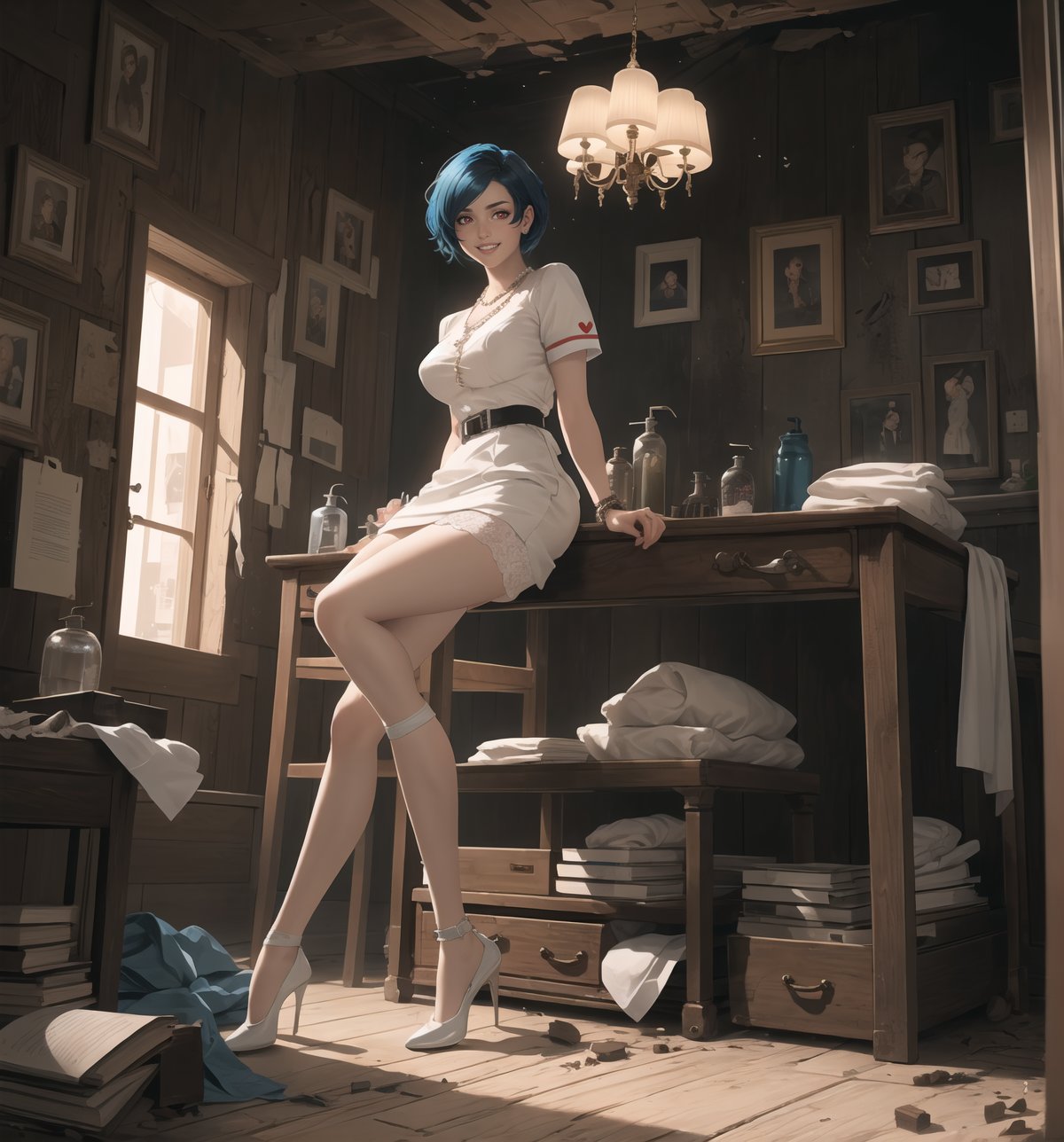 Image in a macabre style fused with elements of realism, rendered in ultra-high resolution with graphic details. | A young 20-year-old woman with short blue hair styled to the side, is positioned in an old and destroyed macabre hospital. She wears a nurse's outfit consisting of a white blouse, a white skirt with lace, white stockings, and low-cut white shoes. She also wears accessories such as a pearl necklace, a heart-shaped pendant, a silver bracelet, and a ring with a pink stone. The colors and materials are faithful to the hospital environment, with shades of white, blue, and metal. She has red eyes that gleam intensely as she looks with determination and curled lips, (((smiling))), showing her teeth, staring directly at the viewer. The facial expression is intense and challenging, and the voice tone is strong and confident. | The image highlights the imposing figure of the young woman and the architectural elements of the hospital. The wooden structures, such as beds with torn mattresses, cabinets with broken shelves, and chairs with broken legs, along with the metal structures, such as carts with rusted wheels, lamps with broken bulbs, and tables with drawers without bottoms, create a scary and desolate environment. The bathroom with a toilet, sink, and shower, wooden shelf with jars and bottles, and wooden table with books and papers, add details to the scene. The dirty and cracked walls, the ruined ceiling, and the floor full of debris, reinforce the atmosphere of fear and desolation. | Soft and dark lighting effects create a tense and desire-filled atmosphere, while detailed textures on the skin, outfit, and structures add realism to the image. | A daring and provocative scene of a young woman dressed as a nurse in an old and destroyed macabre hospital, exploring themes of desire, fear, and desolation. | (((((The image reveals a full-body_shot as she assumes a sensual_pose, leaning against a structure within the scene in an engaging and exciting manner. She assumes a relaxed_pose as she interacts, boldly leaning on a structure and leaning back in an exciting manner.))))). | ((perfect_body)), ((perfect_pose)), ((full-body_shot)), ((perfect_fingers, better_hands, perfect_hands)), ((perfect_legs, perfect_feet)), ((perfect_design)), ((perfect_composition)), ((very detailed scene, very detailed background, perfect_layout, correct_imperfections)), More Detail, Enhance