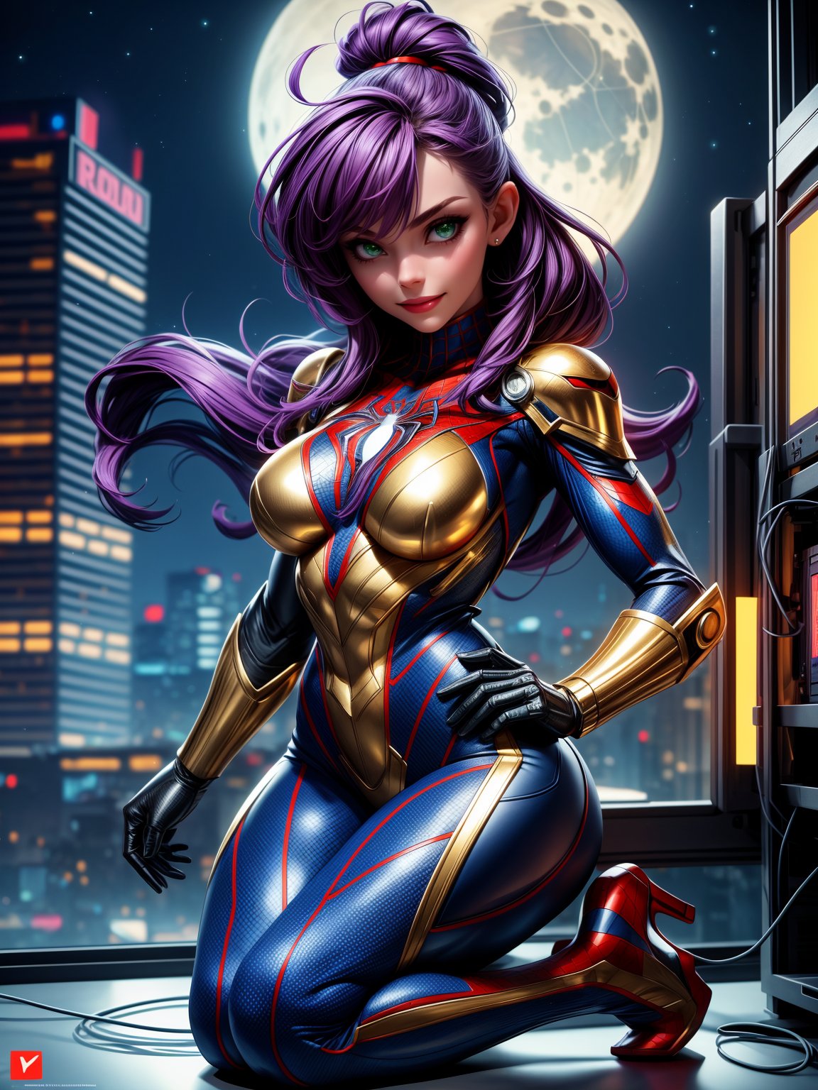 Just a woman, (wearing cybernetic armor+spider-man costume+black Ultraman costume with golden parts), absurdly giant breasts, purple hair, barely fulfilled hair, ponytailed hair, hair with bangs in front of the eyes, looking at the viewer, (((erotic pose interacting and leaning on something))), in a laboratory with computers, machines,  robots, vehicles, window showing the city at night with a moon at the top left, ((full body):1.5). 16k, UHD, best possible quality, ((best possible detail):1), best possible resolution, Unreal Engine 5, professional photography,photography