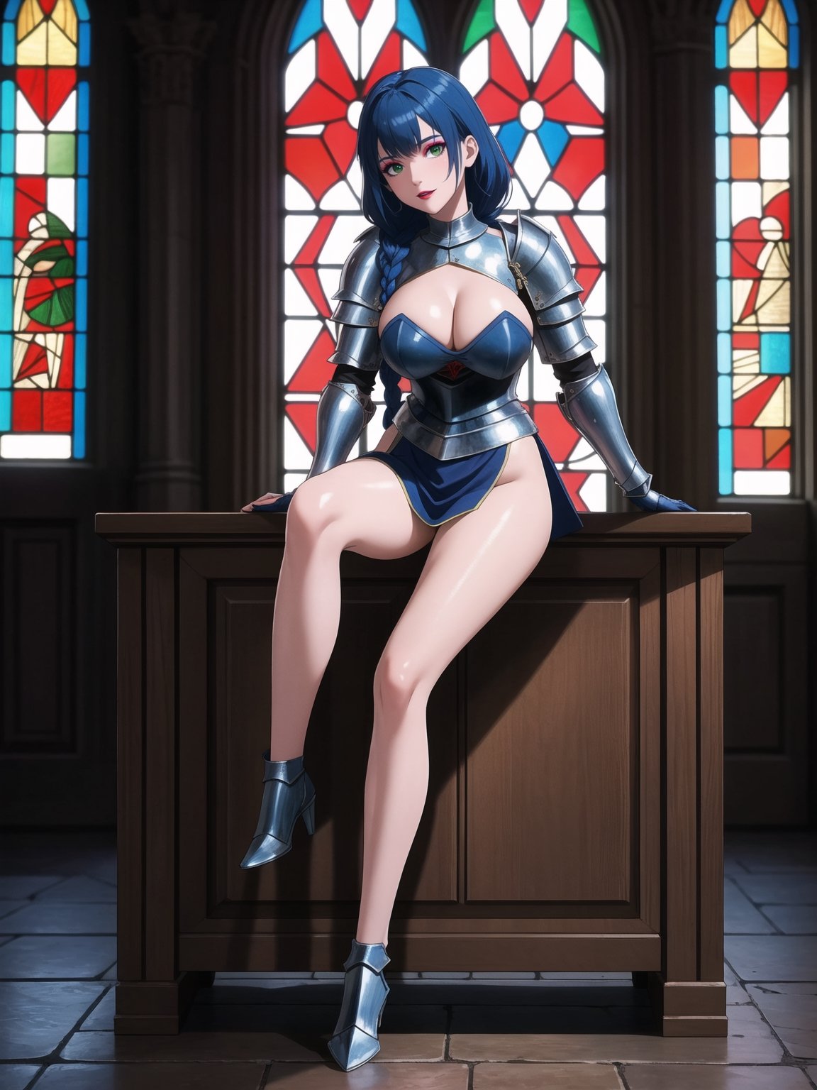 A woman, wearing all-black medieval armor, medieval armor with red parts, very tight medieval armor, gigantic breasts, blue hair, braided hair+solo hair with bangs in front of the eyes, (looking directly at the viewer), she is in an ancient castle, furniture, stained glass, treasures, 16K, UHD, best possible quality, ultra detailed,  best possible resolution, Unreal Engine 5, professional photography, (((medieval knight)), she is, ((sensual pose with interaction and leaning on anything + object + on something + leaning against)) + perfect_thighs, perfect_legs, perfect_feet, better_hands, ((full body)), More detail,