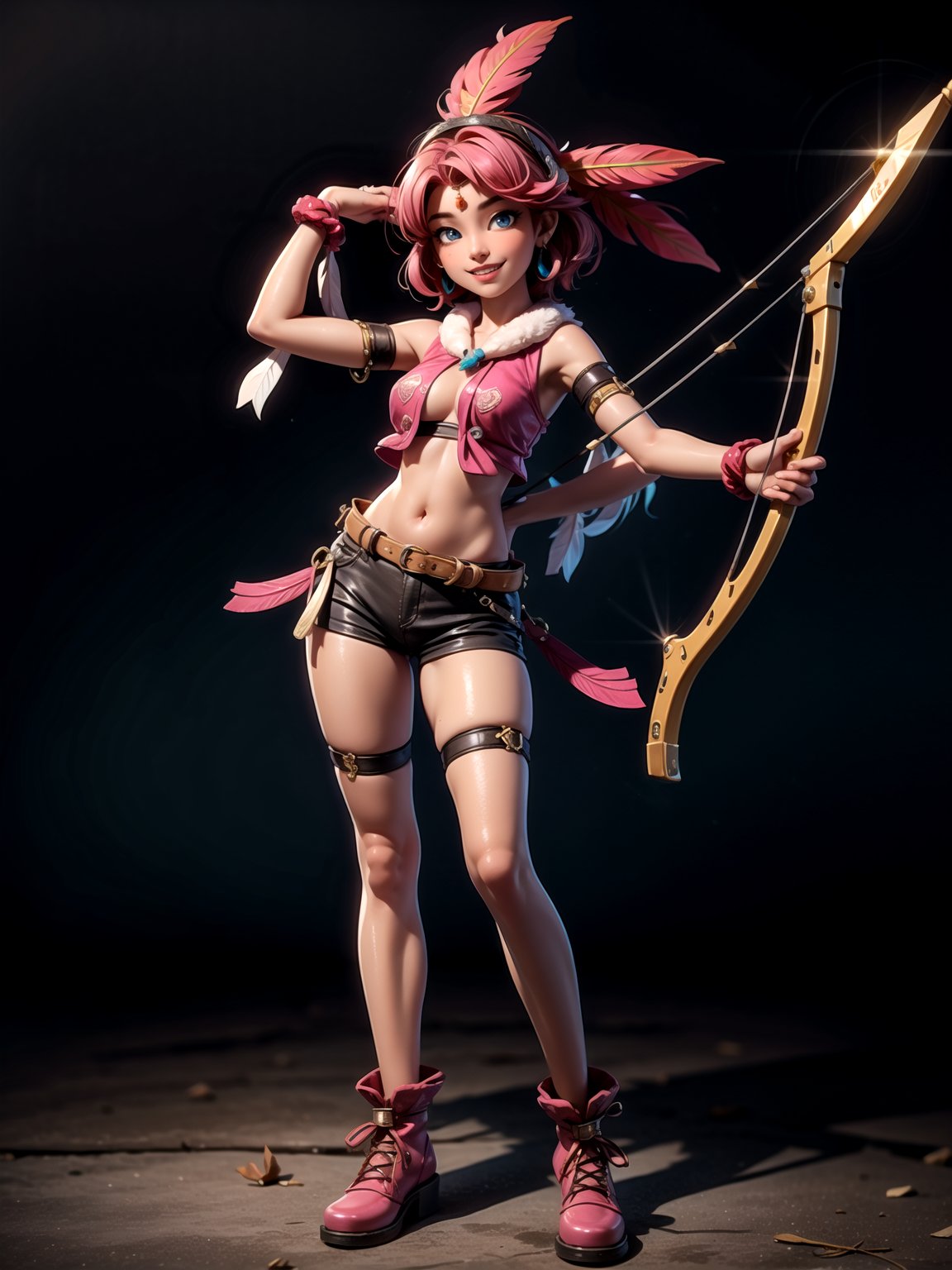 ((full body, standing):1.5), {((1 woman))}, {((wearing brown leather indian clothes with feathers extremely tight and short on the body, short leather shorts and short velvet)), ((extremely gigantic and firm breasts)), ((short pink hair, mohawk, sparkling blue eyes, wearing small feathered headdress)), ((looking at viewer, maniacal smile, doing erotic pose, holding a bow and arrow )), ((in an indigenous village with several Indians, Indians in their homes))}, 16k, high quality, high detail, UHD