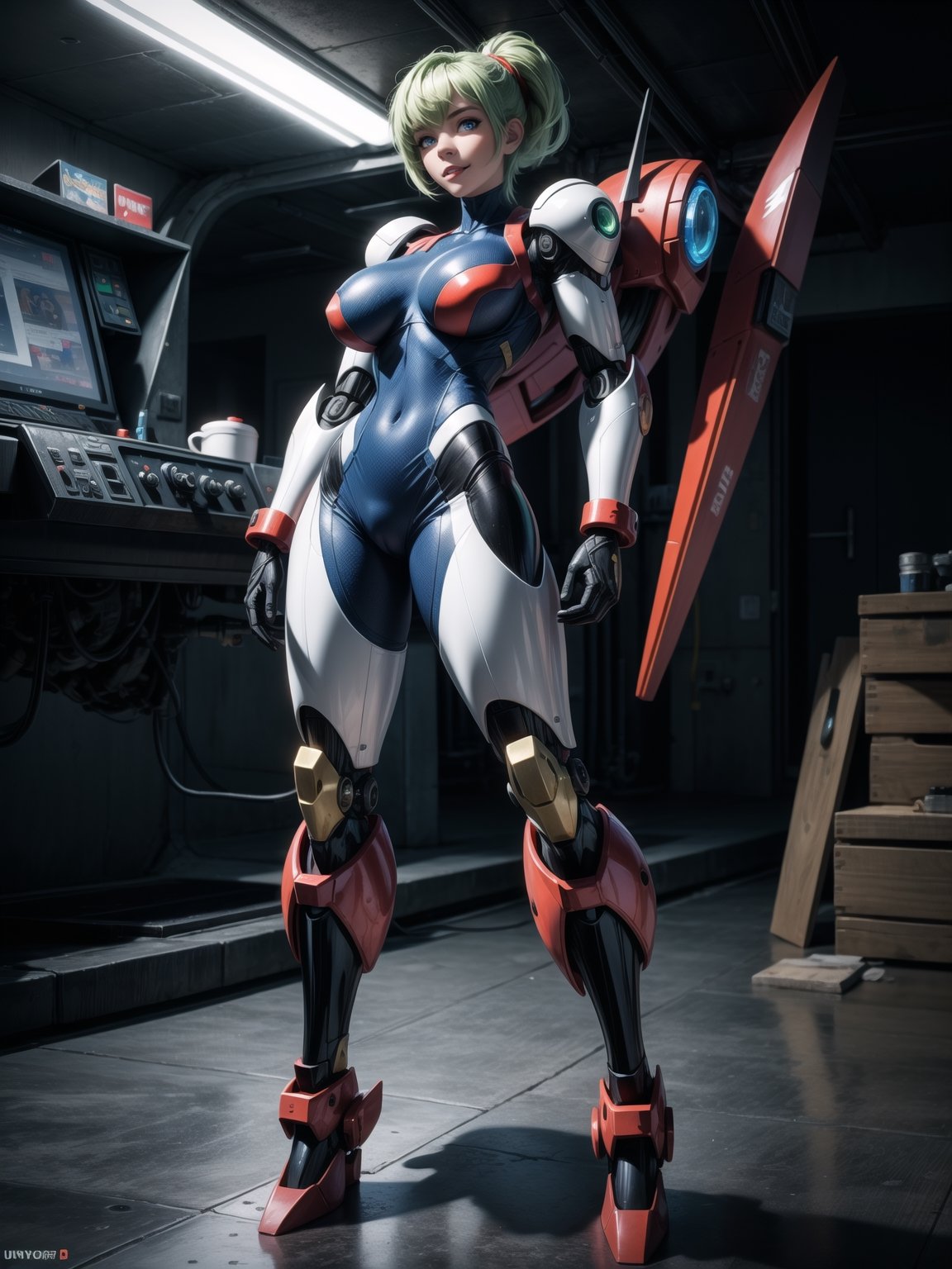 A woman, wearing mecha suit+mecha armor+Bionic armor, blue suit with blank parts, gigantic breasts, helmet with glass visor, green hair, extremely short hair, rebellious hair, hair with ponytail, hair with bangs in front of the eye, looking at the viewer, (((sensual pose+Interacting+leaning on anything+object+leaning against+existing))) in the underworld at night, with many machines, robots, machines, metal structures, ((full body):1.5), 16K, UHD, Unreal Engine 5, quality max, max resolution, ultra-realistic, ultra-detailed, maximum sharpness, ((perfect_hands):1), Goodhands-beta2, [megaman, super metroid], ((mecha))