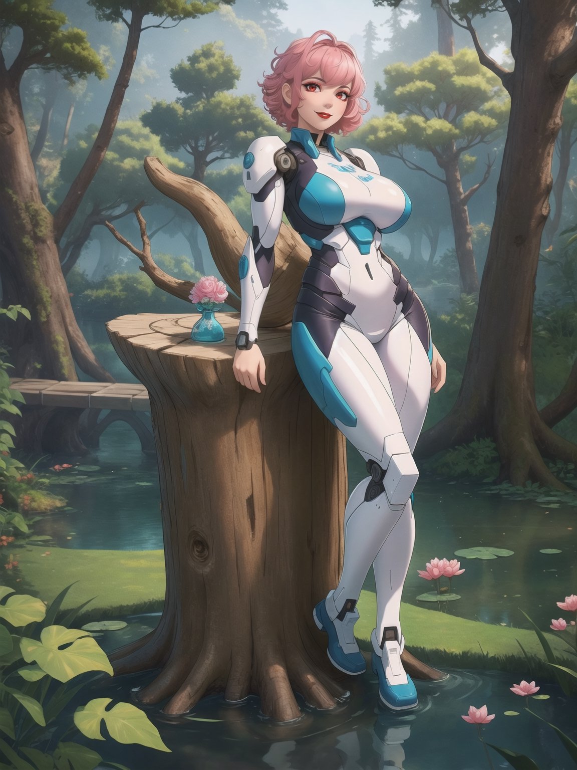 A woman is wearing an all-white mecha suit with blue parts. The mecha suit is very tight on her body, she has gigantic breasts. She has very short, pink, curly hair, with bangs in front of her eyes. She is looking directly at the viewer. She is in a magical forest with lots of trees, wooden structures and large tree trunks. It's night, there are many altars with ancient relics and a large pond, ((full body)), UHD, best possible quality, ultra detailed, best possible resolution, ultra technological, Unreal Engine 5, professional photography, she is doing (sensual pose with interaction and leaning on anything) + (object + on something + leaning against), perfect, More detail,