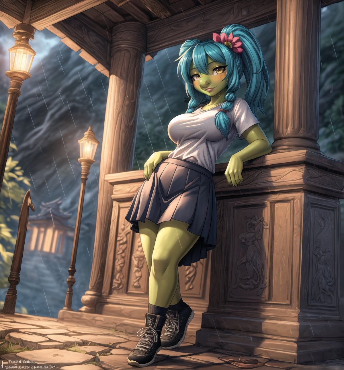 ((Image with cartoom art style, sexy anime and unreal engine 5, rendered in ultra-high resolution with realistic details):1.2). | Daiana, a sensual and mysterious 22-year-old (((female parrot))), is positioned in an ancient temple in the mountains on a rainy night. Her curvaceous body is highlighted by the school attire she wears, consisting of a white t-shirt with cufflinks, a black accordion skirt, long lycra socks reaching the height of the crotch and black shoes. Her ((green skin glows)) in the light of the candles that illuminate the place, while her feet are firmly placed on the damp floor. She has long, straight blue hair, with two long pigtails with metallic clips, which fall down her back. She has yellow eyes that stare at the viewer, with a seductive smile and a shiny black beak. She also carries a school bag on her back, adding a touch of innocence to her appearance. | Composition at a general shot angle, emphasizing the imposing figure of Daiana and the architectural elements of the temple. The rock and wooden structures, along with Daiana, the altar, pillars and ancient sculptures, create a haunting and seductive environment. The rain hitting the rocks and the wind blowing through the trees create visual effects that add depth and dynamism to the scene, while the candles lighting the place create a cozy and mysterious atmosphere. | Soft, moody lighting effects create a sensual and mysterious atmosphere, while detailed textures on the structures and costume add realism to the image. | A sensual and terrifying scene of Daiana, a female parrot, in an ancient temple in the mountains on a rainy night, fusing elements of cartoon art, sensual anime and unreal engine 5. | (((((The camera reveals a full-body-shot as she assumes a sensual-pose, engagingly leaning against a structure within the scene in an exciting manner. She takes on a sensual-pose as she interacts, boldly leaning on a structure, leaning back in an exciting way))))). | ((perfect anatomy, perfect body)), ((((perfect pose)))), ((perfect fingers, better hands, perfect hands, perfect legs, perfect feet)), (((perfect_breasts, huge_breasts))), ((perfect design, correct errors, perfect composition, very detailed scene, very detailed background, correct imperfections, perfect layout):1.2), ((More Detail, Enhance))