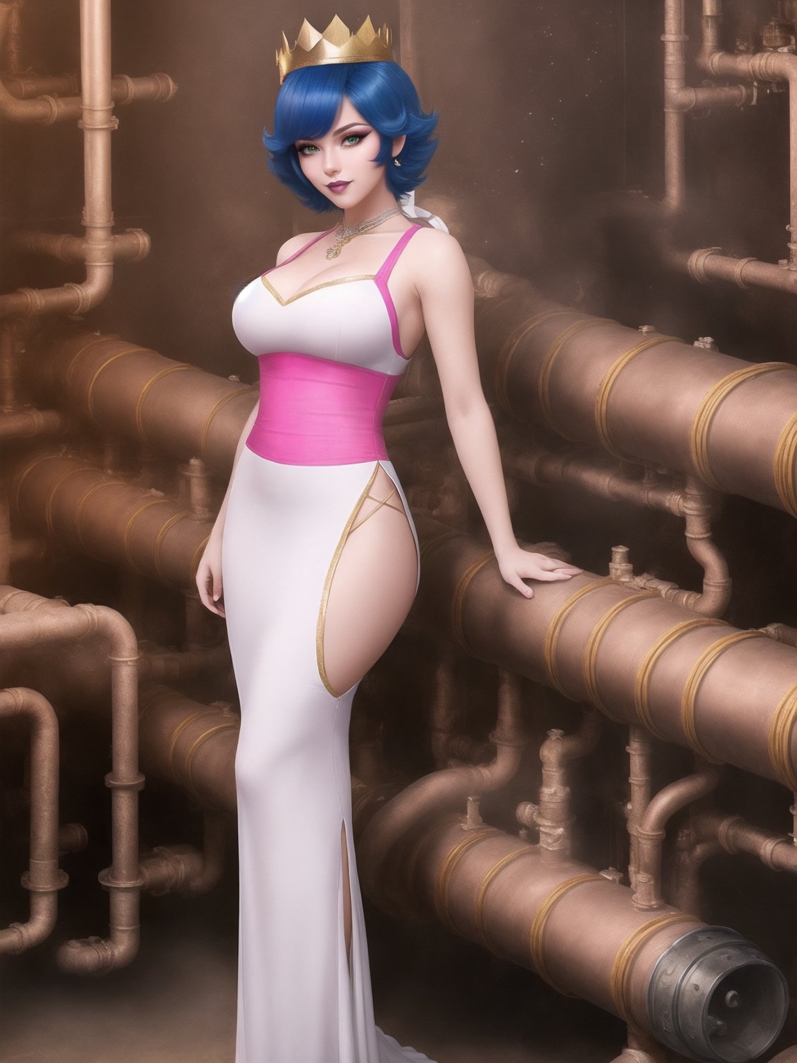 Princess Peach, has gigantic breasts, wearing long all white dress with pink sashes, tight dress on the body, looking directly at the viewer, ((wearing a crown)), short hair, blue hair, mohawk hair, hair with bangs in front of her eyes, she is in a house all made of colored pipes, with furniture made of pipes, large pipes with running water, Super Mario Bros, 16K, UHD, best possible quality, ultra detailed, best possible resolution, ultra technological, futuristic, robotic, Unreal Engine 5, professional photography, she is, ((sensual pose with interaction and leaning on anything + object + on something + leaning against)), perfect anatomy, ((full body)), better_hands, More detail,