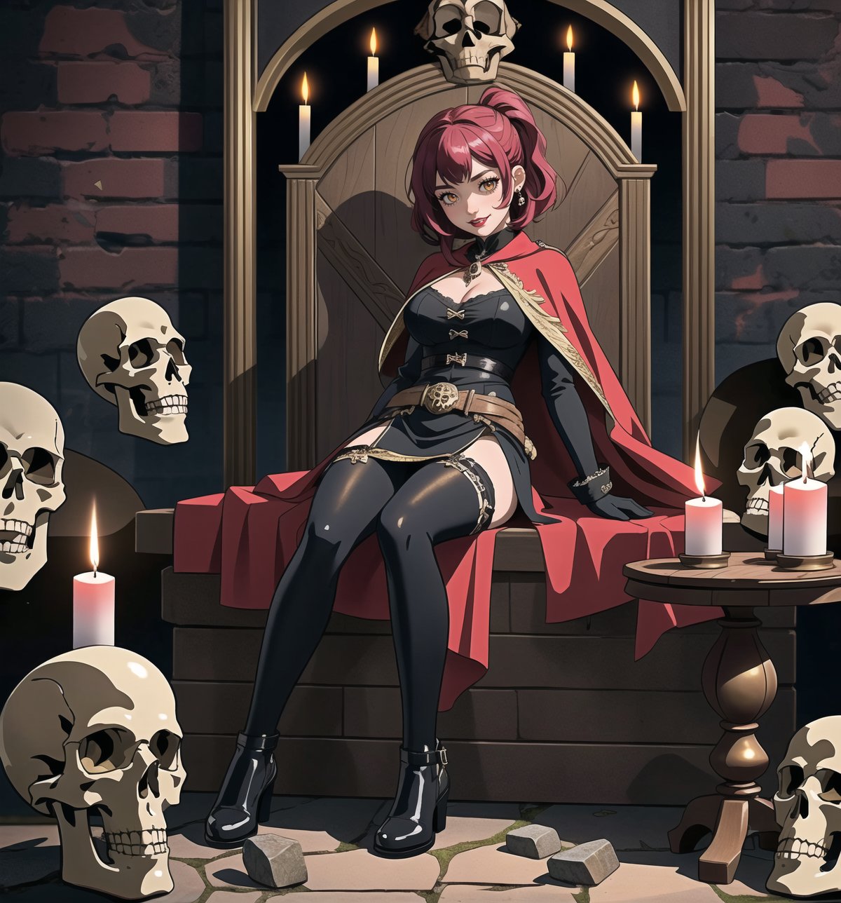 An ultra-detailed 16K masterpiece with fantasy and adventure stylings, rendered in ultra-high resolution with impressive graphic detail. Darla, a 23-year-old young woman, is wearing an executioner's outfit consisting of a black suit, a black cape, black boots and black gloves. Her short pink hair is styled in a Mohican cut, with gradient effects. She has golden eyes, looking at the viewer while smiling, showing her teeth and wearing red lipstick. She is located inside an ancient castle, destroyed, old, filthy, with rock structures, wooden structures, ancient structures, tombstones, skulls and skeletons. The atmosphere is mysterious and tense, with melted wax candles, a stone sarcophagus and bones scattered across the floor. The image emphasises the imposing figure of Darla and the architectural elements of the castle. The rocky, wooden and ancient structures, together with the skulls and skeletons, create a spooky and mysterious atmosphere. The melted wax candles and stone sarcophagus add a gothic touch to the scene. Soft, sombre lighting effects create a tense, mysterious atmosphere, while rough, detailed textures on the structures and costume add realism to the image. | A tense and mysterious scene of a young woman dressed as an executioner in an old, destroyed castle, fusing elements of fantasy and adventure. (((The image reveals a full-body shot as Darla assumes a sensual pose, engagingly leaning against a structure within the scene in an exciting manner. She takes on a sensual pose as she interacts, boldly leaning on a structure, leaning back and boldly throwing herself onto the structure, reclining back in an exhilarating way.)). | ((((full-body shot)))), ((perfect pose)), ((perfect arms):1.2), ((perfect limbs, perfect fingers, better hands, perfect hands, hands)), ((perfect legs, perfect feet):1.2), ((perfect design)), ((perfect composition)), ((very detailed scene, very detailed background, perfect layout, correct imperfections)), Enhance, Ultra details++, More Detail, poakl