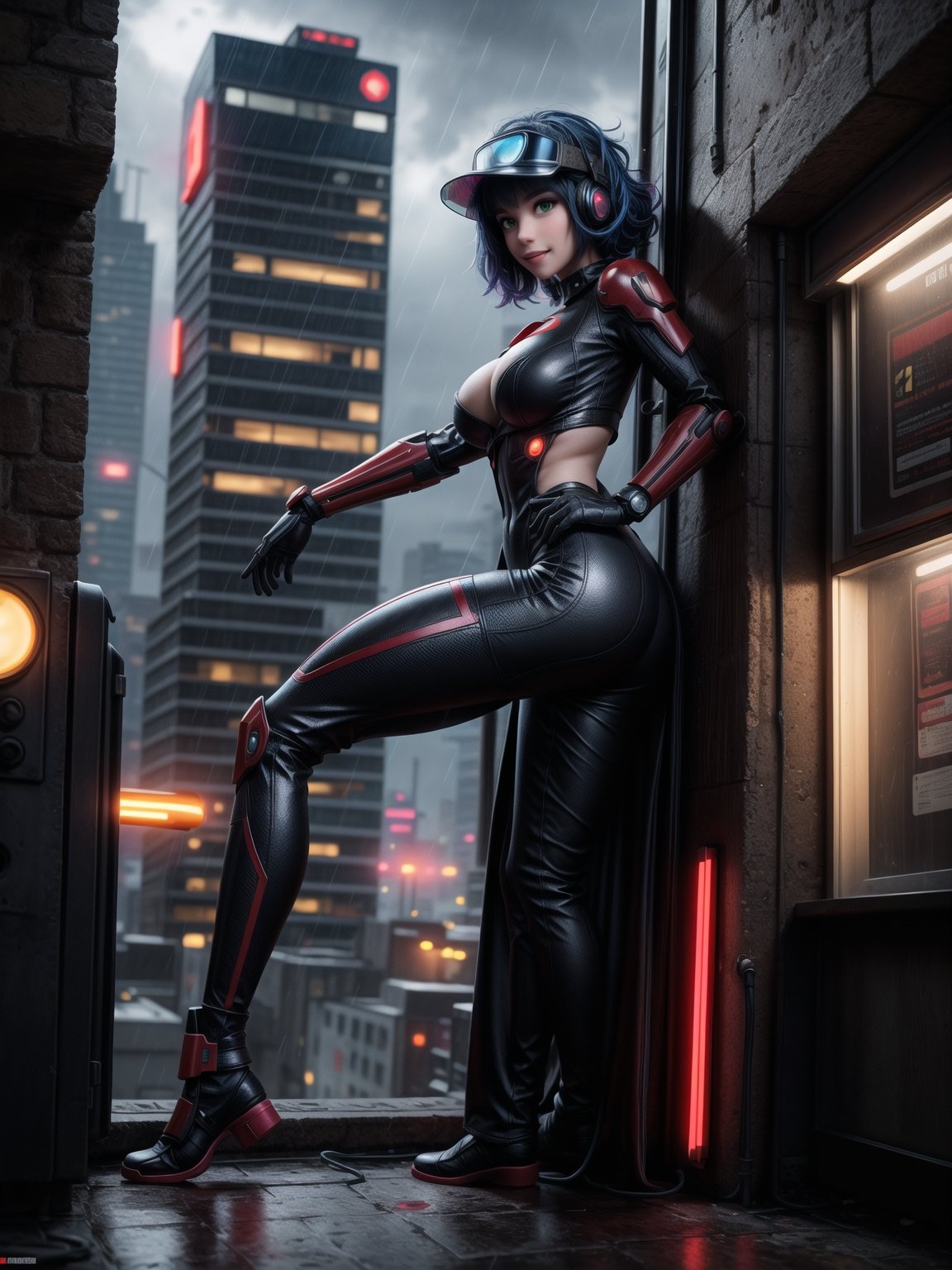 A woman, wearing ((wearing black heroic costume with parts in red+mecha costume with lights, helmet with visor, gigantic breasts)), short hair, blue hair, curly hair, messy hair, hair with bangs in front of eyes, (((looking at the viewer, sensual pose with interaction and leaning on anything+object+on something+leaning against+leaning against))) on top of a building at night raining hard with view of the city, with machines, advertising plates, ((full body):1.5); 16K, UHD, unreal engine 5, quality max, max resolution, ultra-realistic, ultra-detailed, maximum sharpness, ((perfect_hands):1), Goodhands-beta2, ((cyberpunk))