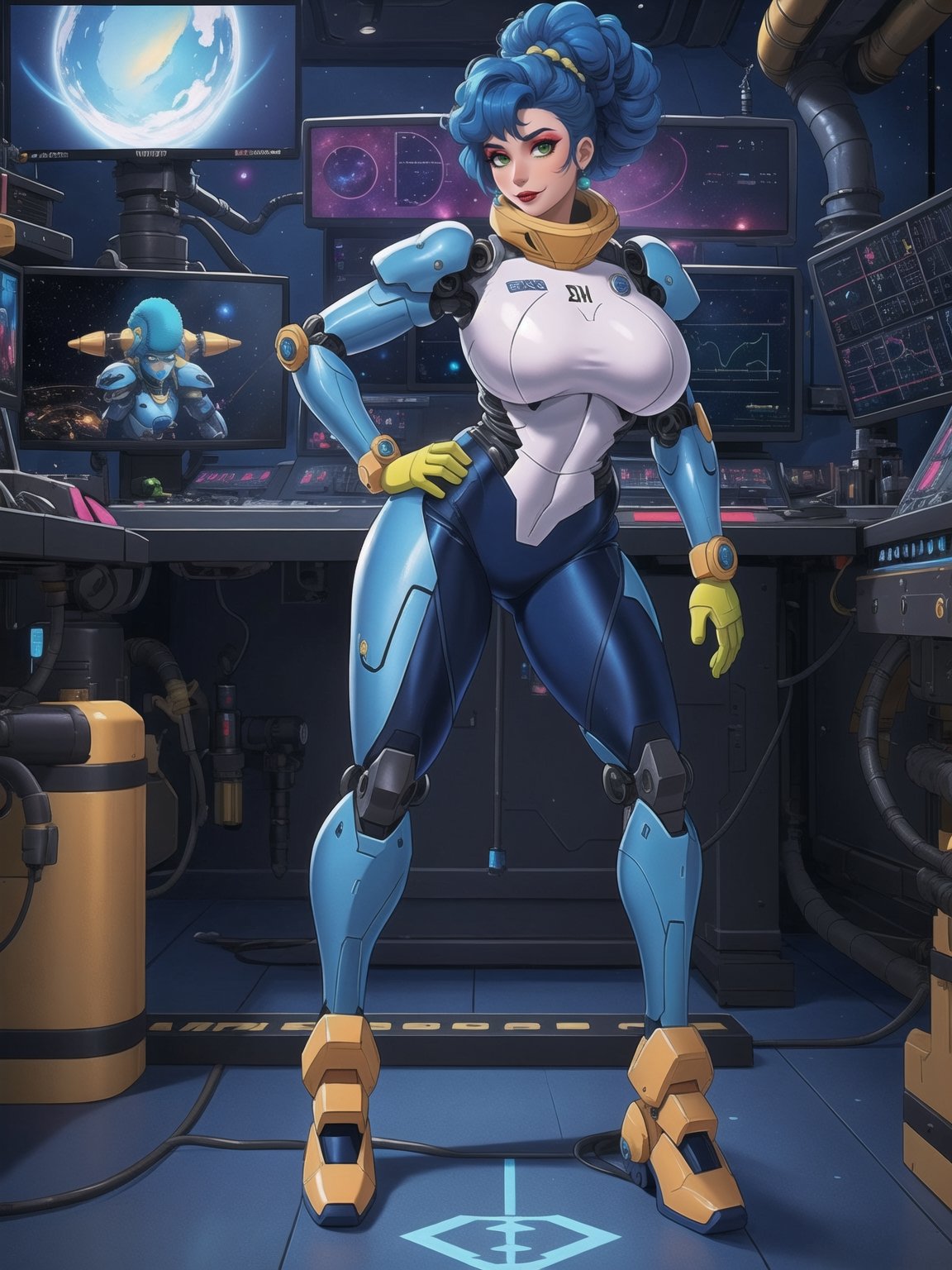 A woman, wearing a mecha suit with blue parts, all white suit, cybernetic armor suit, suit with attached lights, gigantic breasts, full body covering suit, suit very tight on the body, synthetic suit, very short hair, blue hair, mohawk hair, hair with bangs in front of the eyes, she's looking directly at the viewer, she is in an alien aircraft in the control room, with many computers, control panels, display showing outer space, mecha robots, pipes with flowing electricity, UHD, best possible quality, ultra detailed, best possible resolution, ultra technological, futuristic, robotic, Unreal Engine 5, professional photography, ((she is doing sensual pose with interaction and leaning on anything + object + on something + leaning against)), ((full body)), better hands, More detail. ((Marge Simpson))