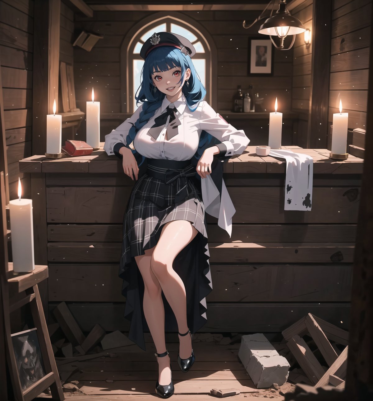 An ultra-detailed 4K masterpiece with gothic and horror styles, rendered in ultra-high resolution with realistic graphic details. | Miya, a young 23-year-old woman with huge breasts, is dressed in a school outfit, consisting of a white blouse, a black and white plaid skirt, black socks and black low-heeled shoes. She is also wearing a black tie, a black school cap with a red sash, silver heart earrings, and a black leather bracelet. Her blue hair is long and straight, falling over her shoulders in a half-up hairstyle. ((She has red eyes, which are looking straight at the viewer with a seductive smile, showing her shiny white teeth)). It is located in a macabre house, with rubble and everything destroyed. The place is dark and poorly lit, with candles spread across the floor. The rock and wooden structures are in ruins, creating a frightening and uncomfortable atmosphere. | The image highlights Miya's sensual figure and the architectural elements of the house. The ruined rock and wooden structures, along with the rubble and candles, create a gothic and horror atmosphere. Dim, intermittent lights illuminate the scene, creating eerie shadows and highlighting the details of the scene. | Soft, shadowy lighting effects create a tense, fear-filled atmosphere, while detailed textures on skin and clothing add realism to the image. | A frightening and seductive scene of a young woman dressed as a schoolgirl in a macabre house, exploring themes of gothic, horror, fear and seduction. | (((The image reveals a full-body shot as Miya assumes a sensual pose, engagingly leaning against a structure within the scene in an exciting manner. She takes on a sensual pose as she interacts, boldly leaning on a structure, leaning back and boldly throwing herself onto the structure, reclining back in an exhilarating way.))). | ((((full-body shot)))), ((perfect pose)), ((perfect arms):1.2), ((perfect limbs, perfect fingers, better hands, perfect hands, hands)), ((perfect legs, perfect feet):1.2), Miya has (((huge breasts))), ((perfect design)), ((perfect composition)), ((very detailed scene, very detailed background, perfect layout, correct imperfections)), Enhance, Ultra details, More Detail, ((poakl))