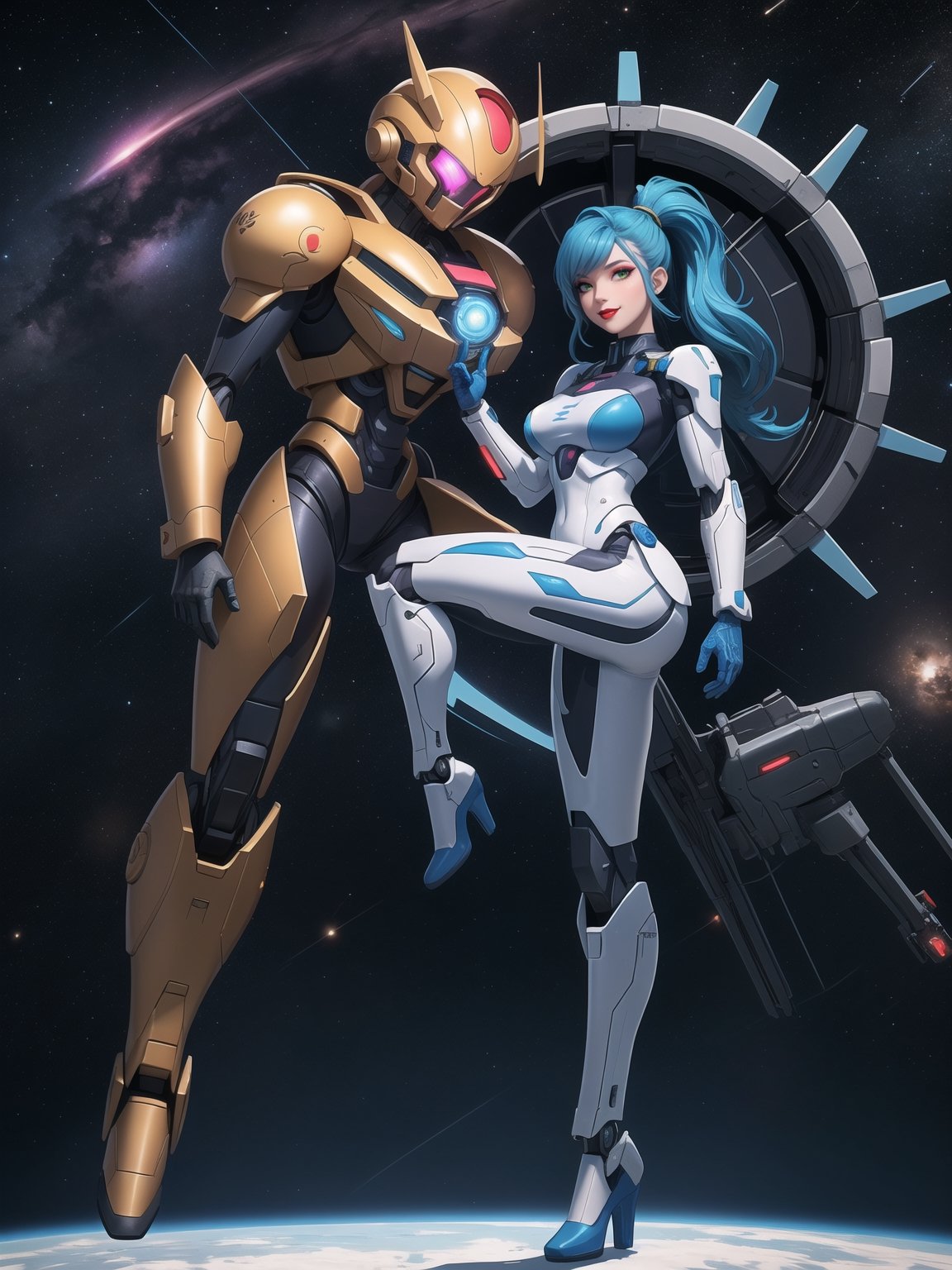 A woman is wearing an all-white mecha costume, with blue parts and luminous couplings. The mecha suit is very tight on the body and has cybernetic armor. She has gigantic breasts and short, blue, mohawk hair with a fringe that falls in front of her eyes. She is looking directly at the viewer. She is in an alien aircraft filled with technological structures, machines, computers and aliens armed with lasers. The aircraft has elevators and windows that show outer space, ((She is striking a sensual pose, leaning on anything or object, resting and leaning against herself over it)), ((full body)), super_metroid, mecha, UHD, best possible quality, ultra detailed, best possible resolution, Unreal Engine 5, professional photography, perfect hand, fingers, hand, perfect, More detail,