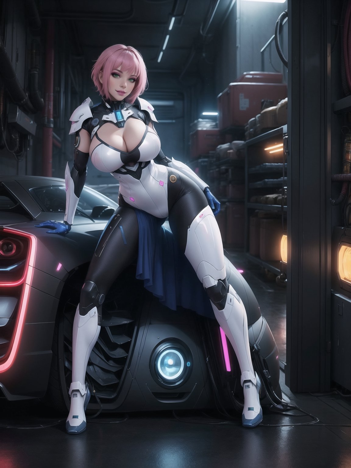 A woman, with (gigantic breasts), with wosawe cyber Armor All White, wosawe cyber armor small parts in blue, wosawe cyber armor with lights attached, pink hair, short hair, hair with bangs in front of her eyes, she is a garage, with many futuristic cars, food machines, video games, 16K, UHD, best possible quality, ultra detailed, best possible resolution, ultra technological, cyberpunk, robotic, Unreal Engine 5, professional photography, she is,  ((sensual pose with interaction and leaning on anything + object + on something + leaning against)) + perfect_thighs, perfect_legs, perfect_feet, better_hands, ((full body)), More detail,