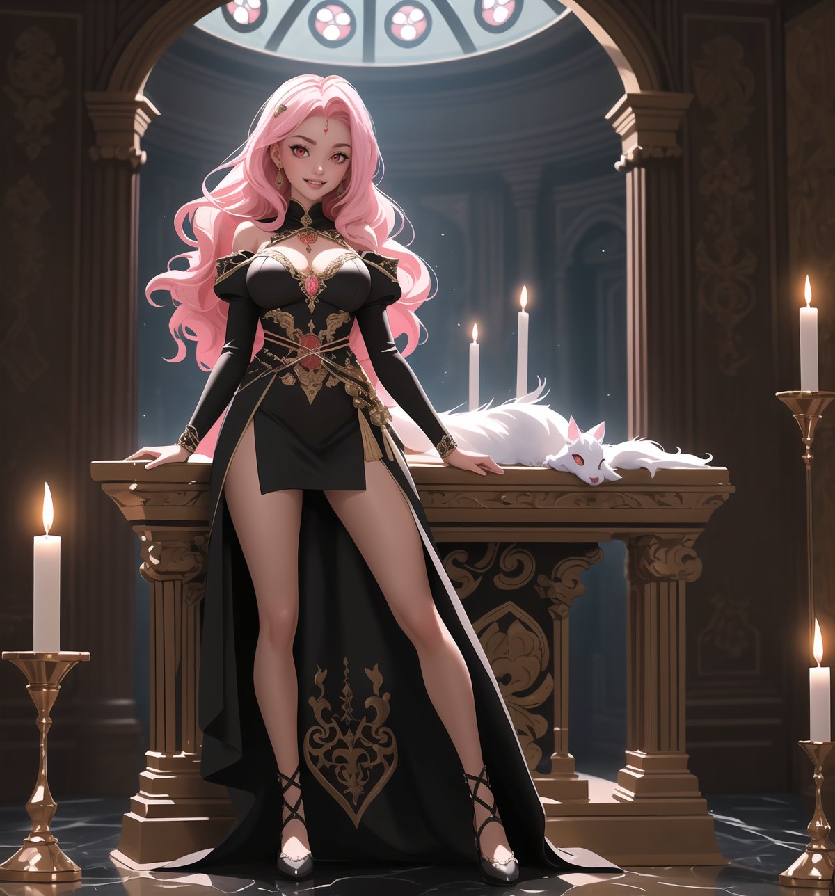 An ultra-detailed 4K masterpiece with fantasy and adventure styles, rendered in ultra-high resolution with stunning graphical detail. | Maiya, a 23-year-old sorceress woman, dressed in a black sorceress costume consisting of a long hooded tunic, adorned with mystical symbols in silver. Her long, wavy ((pink hair)) falls over her shoulders, giving her a mysterious and charming look. ((His red eyes are fixed on the viewer, smiling and showing his white teeth)). | The image highlights Maiya's imposing figure and the architectural elements of the shadow temple in which she finds herself. The black rock structures and black marble statues, along with the sorceress, create a dark and mystical environment. Lighted candles spread across the floor create dramatic shadows and highlight the details of the scene. | Soft, shadowy lighting effects create a tense, mysterious atmosphere, while rough, detailed textures on structures and costumes add realism to the image. | An exciting and adventurous scene of a sorceress woman in a temple of shadows, exploring themes of magic, mystery and determination. | (((The image reveals a full-body shot as Maiya assumes a sensual pose, engagingly leaning against a structure within the scene in an exciting manner. She takes on a sensual pose as she interacts, boldly leaning on a structure, leaning back and boldly throwing herself onto the structure, reclining back in an exhilarating way.))). | ((((full-body shot)))), ((perfect pose)), ((perfect arms):1.2), ((perfect limbs, perfect fingers, better hands, perfect hands, hands)), ((perfect legs, perfect feet):1.2), ((perfect design)), ((perfect composition)), ((very detailed scene, very detailed background, perfect layout, correct imperfections)), Enhance, Ultra details, More Detail, ((poakl)),poakl