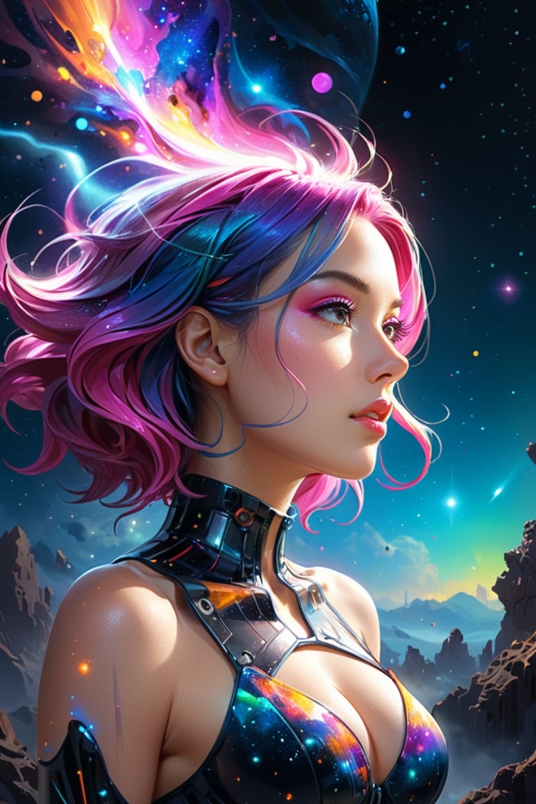 A stunning woman with vibrant neon hair, glowing in the midst of galaxy formations, painted by david diaz and sakimichan, detailed and realistic textures, vibrant colors, surreal and mysterious, hyperrealistic, modern art, digital painting, trending in Artstation, cinematic lighting, and dynamic composition.