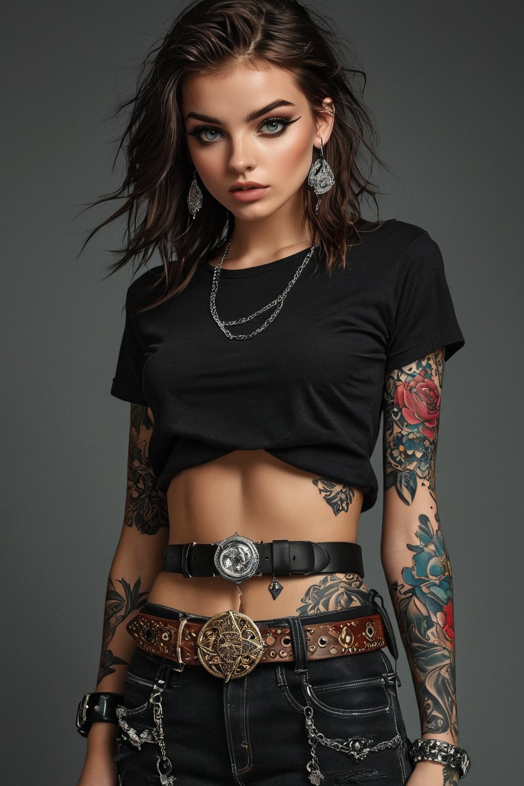 there is a young woman . she is wearing a belt, solo, jewelry, tattoo, belt, 1girl, add_detail:1, add_detail:0, add_detail:0.5, loraeyes