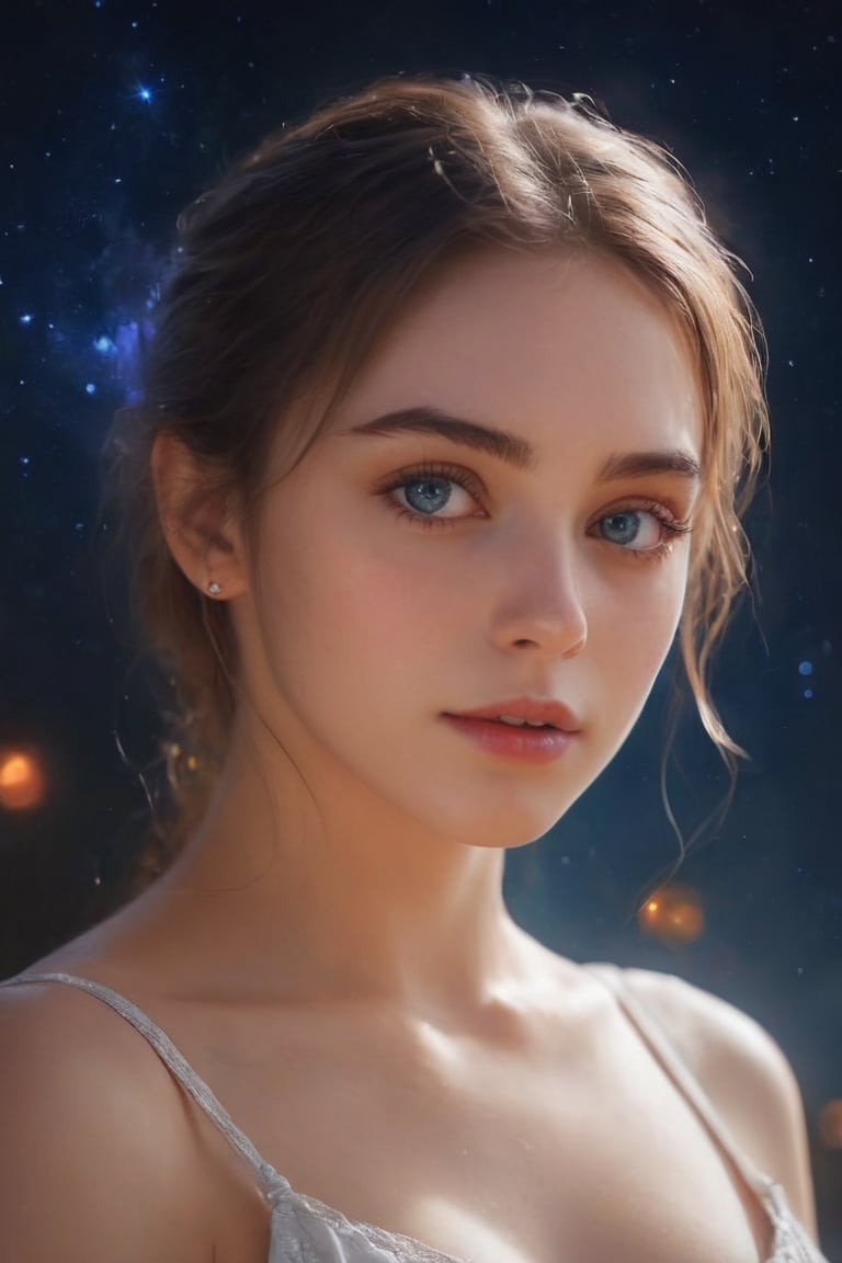 Masterpiece, an ultra hot gorgeous European woman , age 23, High Detail Eyes, Perfect Eyes, High Detail Face, Same Eyes, Glare, Rainbow Color, Global Illumination, Soft Light, Dream Light, Digital Painting, 8K, Fantasy, Night Sky, Stars, Nebula, White Crystal, Moonlight, Serenity, Summer, (8K:1.1)