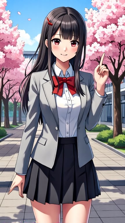 A beautiful girl in a college-style uniform, a black knee-length pleated skirt, a white shirt with a red bow tie, and a light gray suit jacket. She has long hair and a small red hairpin on her head. Her eyes are bright and full of vitality. The background is a modern high school campus with several cherry blossom trees in full bloom. Black, white, red, gray, pink --ar 9:16 --s 750