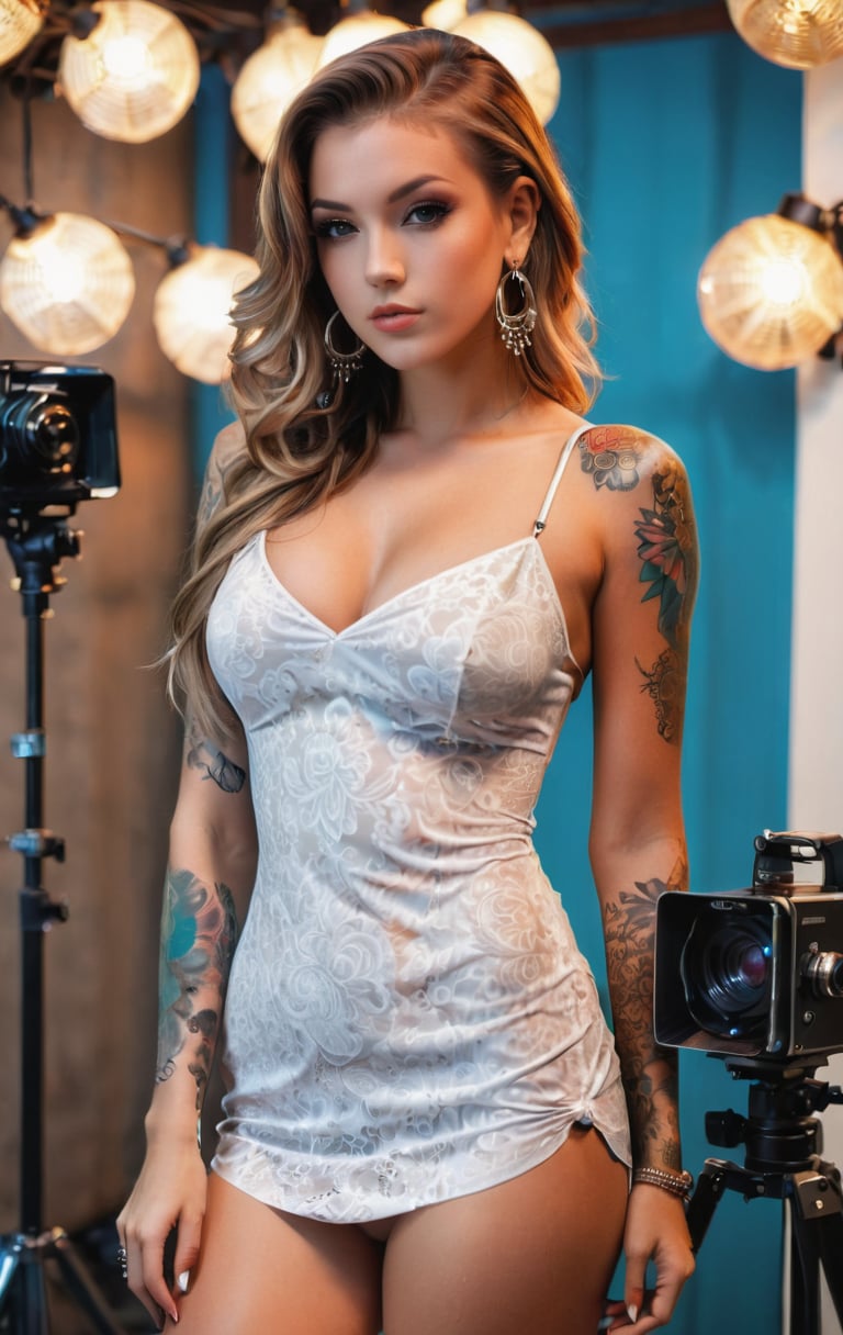 a sexy woman with beautiful tattoos on her arms and legs posing near lights and a camera, 1girl, tattoo, solo, long hair, jewelry, arm tattoo,blond hair, looking at viewer, summer dress, earrings, piercing,GeGe, woman, brunette, brown eyes, brown hair, freckled