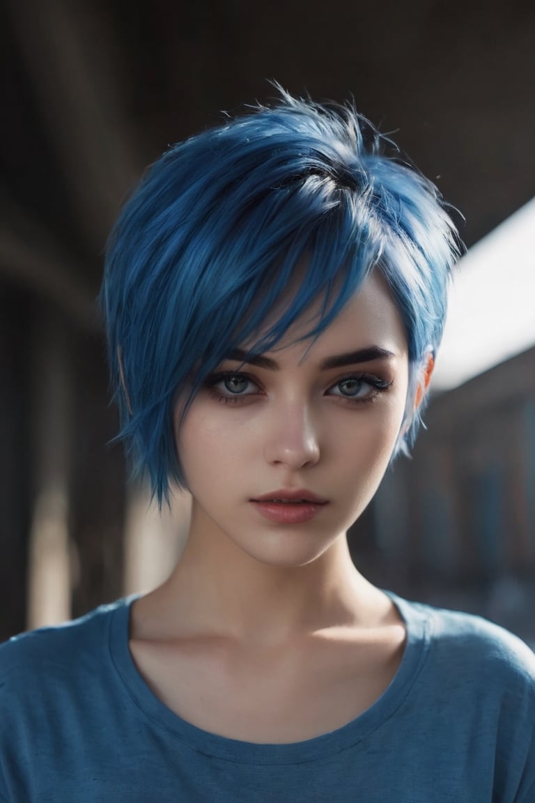 Beautiful girl, half-body portrait, Bright blue messy short hair, black eyeshadows, (street style wear:1.2), (urban backdrop:1.2), dark make-up, Digital art, trending on artstationh, Highly detailed, finedetail, Intricate,  beautiful detailed glow, Detailed, Cinematic light, A high resolution, Detailed facial features,Sharp focus, smooth, Aesthetic,