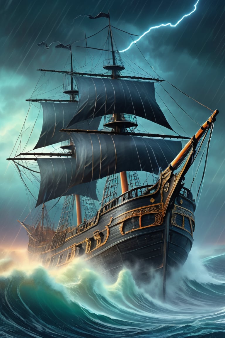 (a drawing of a ghost ship in a stylized design, torn black sails), (Ocean, crashing waves, rain, mist, storm, lightning), (dark theme, extremely detailed, high detail, hires textures, incredibly detailed, intricate details, masterpiece, colorful comic, murals)