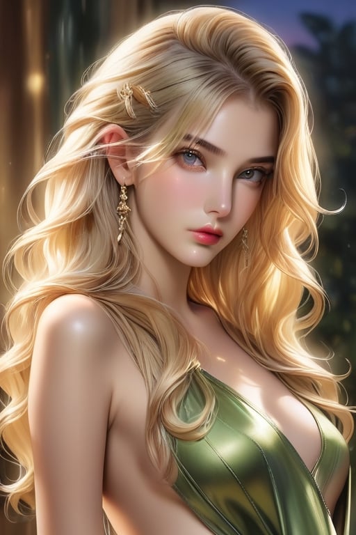 (Masterpiece, best quality),(Hyperrealism) official art, expressive eyes, perfect face, flush, satin, slits, pelvic curtain, leather, glittering, refraction, cute nose, tousled long hair, hairpin, blonde,twilight:1.3,,olive