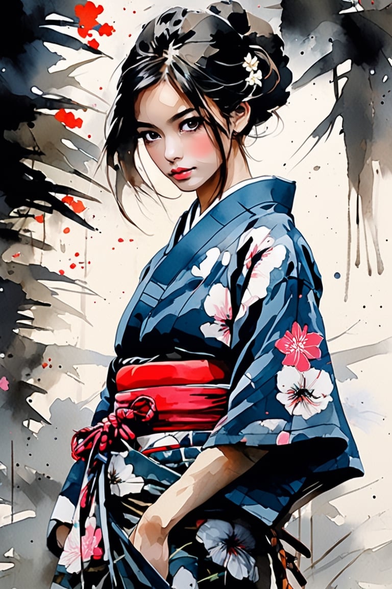 Masterpiece, best quality, beautiful woman wearing yukata, ink painting in the style of artists like Russ Mills, Sakimichan, Wlop, Loish, Artgerm, Darek Zabrocki, and Jean-Baptiste Monge