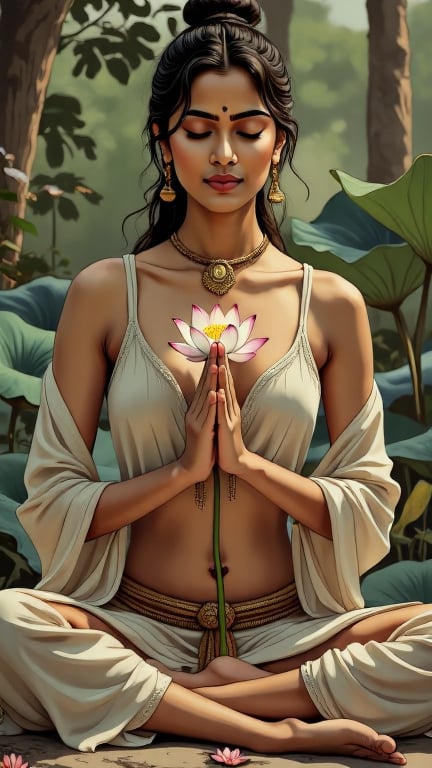 A picture of a serene yogi holding a lotus flower, inspired by Deepika Padukone, serene eyes details, graceful hands, and tranquil appearance, meditating in a peaceful garden, Minimalistic style, calm and balanced focus portrait, muted and earthy colors, drawn by Dustin Nguyen --ar 9:16 --q 2 --niji 5