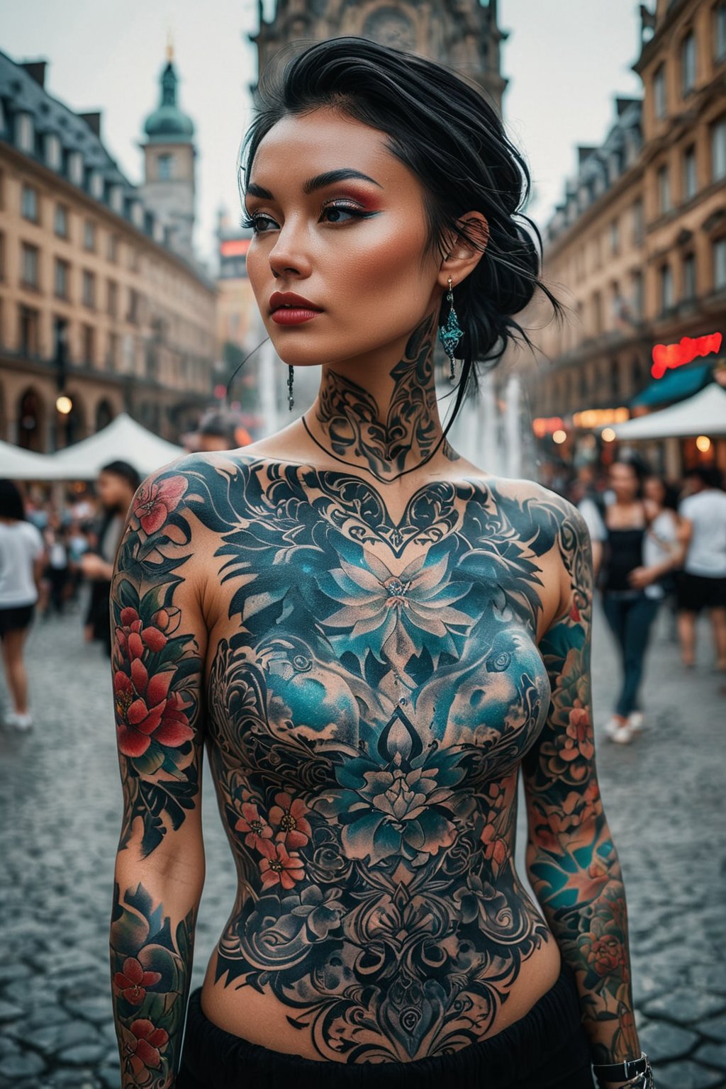 A woman with  intricate tattoos stands in front of a mesmerizing fountain in a bustling city square, her vibrant and unique body art seamlessly blending with the modern European ink painting style reminiscent of Elsa Bleda's evocative photography. The woman, of Taiwanese descent, exudes confidence and individuality with her tattooed face, each tattoo telling a story of personal significance and cultural expression. The AI-generated image should capture the fusion of contemporary urban aesthetics with traditional tattoo art, showcasing the juxtaposition of modernity and heritage., add_detail:1, add_detail:0, add_detail:0.5