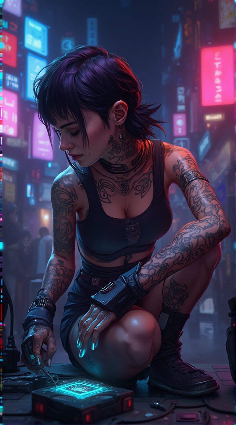 score_9, score_8_up, score_7_up, On the cybernetic streets of Night City, Judy Alvarez from "Cyberpunk 2077" works on a neon-lit tech project. Her tattooed arms and focused gaze accentuate her tech-savvy skills and rebellious allure, making her a standout character in a dystopian world.