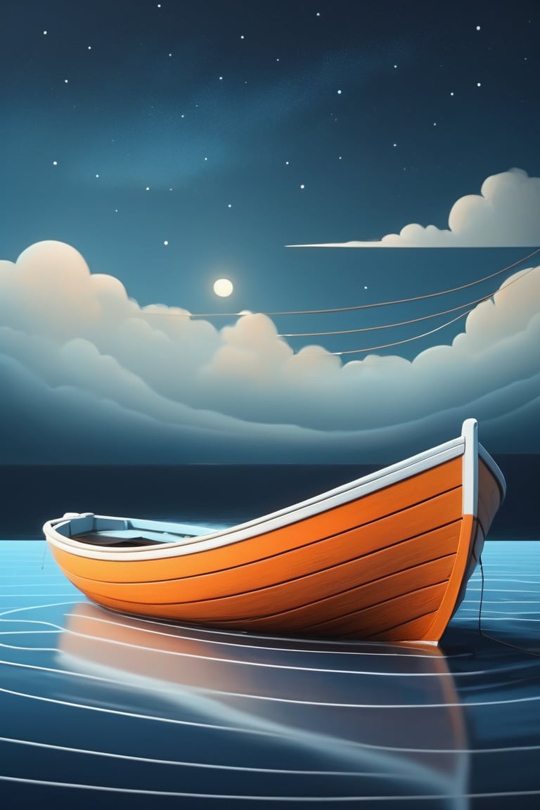 animation about a Boat, in the style of dark white and orange, minimal design, realistic painted still lifes, cartoonish innocence, dark sky-blue and white 