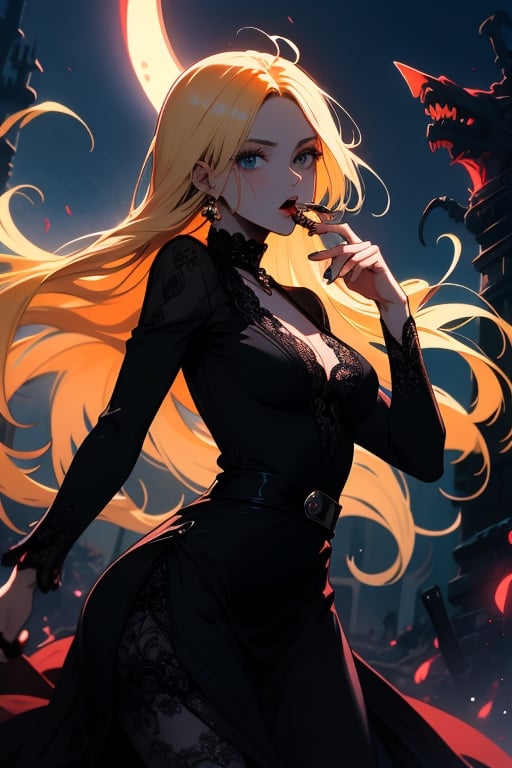 score_9. score_8_up, score_7_up, g0th1cPXL, 1girl, black lace dress, glowing, neon, neon moon, blonde hair, long hair, medium perky breasts, (plump:0.35), bloodmoon, confident pose, hand to mouth 