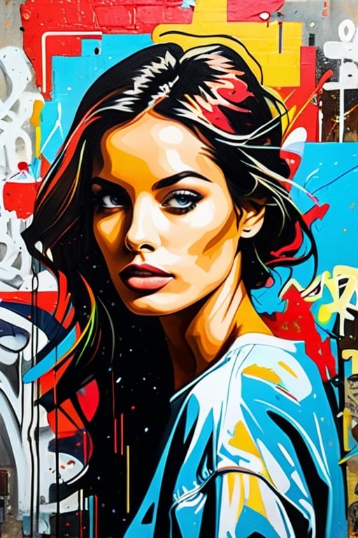 A color poster of a mixture of graffiti and paint on a wall,portrait of a woman,upperbody,minimalist,with dynamic movement and bold colors,mixture,