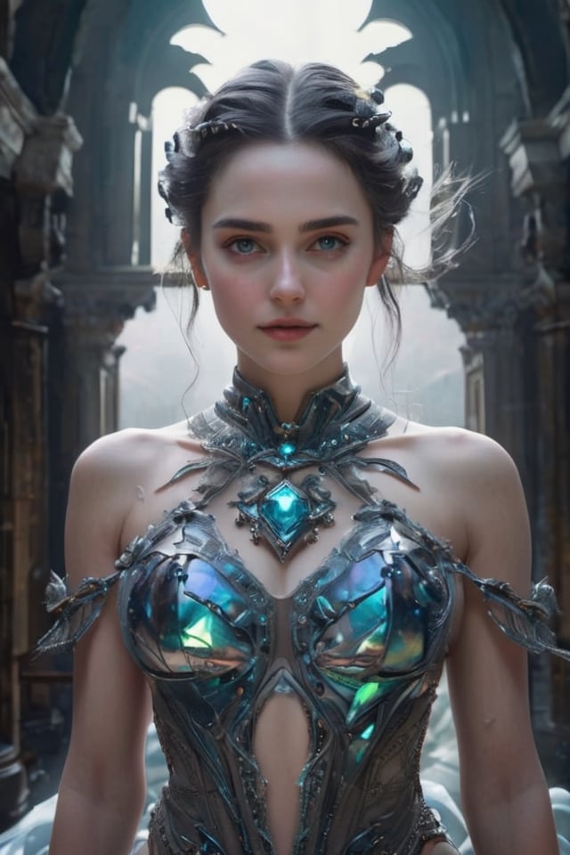 (1 beautiful teenage Italian girl:1.6), (She is smiling seductively and looking down at viewers:1.6), (wearing a detailed iridescent bodysuit with beautiful fractal or marble design:1.5), Incredible and spectacular scenes, ((High quality)), ((Detailed)), ((Fantasy)), Blue Plasma Brain, Green Plasma Body, Showing her armpits, beautiful breast, (small breasts with beautiful raised areolas:1.4), beautidfur tits, Photorealistic, Official art, Unity 8K Wall , 8K Portrait, Best Quality, Very high resolution, (Incredibly beautiful nature background:1.6), (18 years old:1.5), (Sexy and glamorous:1.1), (Model Posing:1.8), Beautiful seductive face, Portrait, (Thick eyebrows:1.4), (Big scarlet eyes:1.6), Beautiful eyes with fine symmetry, (Ultra detailed eyes:1.4),(Highly detailed face and eyes:1.7), (High-resolution hair:1.8), Intimate face, (ultra detailed skin texture:1.4), White skin, pale skin, Perfect Anatomy, Thin, (Beautiful toned body:1.5), Highly detailed hair,  (Moist skin:1.2), No makeup, (dark circles:1.1), Good anatomy, Focus Face, good-looking, (Emilia Clark:0.6) (Emma watson:0.3),(Jennifer Connelly:0.4),  Elegant face,  (A delicately crafted necklace is wrapped around her neck), (Bioluminescence with brilliant brilliance:1.4), (Luminous magic circle:1.5), Ruins of an ancient castle, Shining majestic cloud masses and sky, lightning bolt, Epic Realistic, (Greg Rutkowski:0.8), (teal and orange:0.4), (Art Station:1.5), Cinematic, (NSFW:1.5),  Hyper Detailed, Dramatic light, (Intricate details:1.1), Beautiful black hair,　(Wearing a gauntlet with a dense and very beautiful design decorated with jewels:1.1), Galaxy, (nebulas:1.6), The Dark Knight, Fully armored body focus, vampire-like teeth