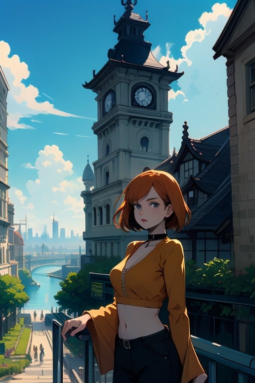 1girl, black choker, breasts, choker, crop top, green eyes, lips, midriff, navel, orange hair, pants, rain, solo, DEN_barbucci_styleMK3 masterpiece, best quality, intricate detail, sketch, outline, anime screencap, anime art   architecture, balcony, bird, brick wall, bridge, building, castle, chain-link fence, chimney, city, city lights, cityscape, clock, clock tower, cloud, day, dove, east asian architecture, fantasy, fountain, gate, house, lamppost, outdoors, pagoda, pavement, railing, real world location, river, road, rooftop, scenery, sky, skyline, skyscraper, stairs, street, tokyo \(city\), tower, town, tree, water, windmill