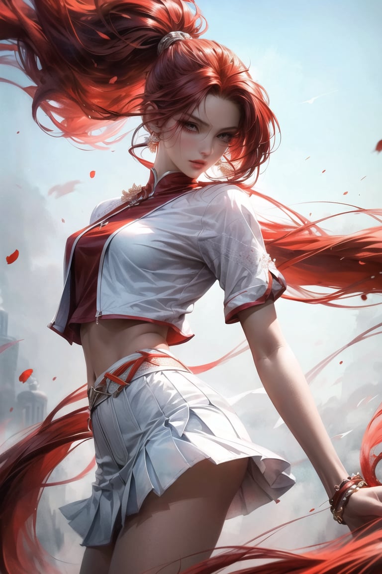 realistic,very beautiful woman, bright appearance, long fiery red hair gathered in a high ponytail, falls on her shoulders, eyes with expressive black eyelashes, dressed in a white blouse, mini skirt, sneakers, watercolor, high resolution, high detail, clear drawing,64k+hd quality,aesthetics of the female body