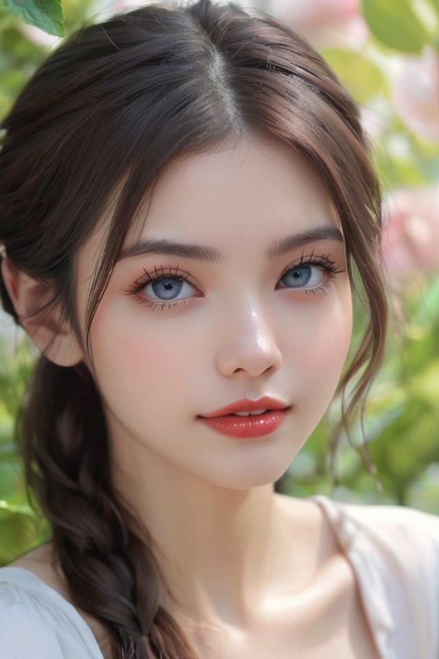 Divide Ratio : 4,3,1 Base Ratio : (a girl in a garden:1.15),(Hyper Detailed of a very beautiful face),(best quality:1.4),(photo realistic:1.5),(realistic:1.5),((sharp focus)),Hyper resolution,(vivid colors), beautiful Hyper Detailed lips, (red_lipstick:1.3),BREAK (Black hair twintail:1.3),(physically-based rendering flowers in the background:1.3) soft sunlight, BREAK beautiful Hyper Detailed eyes (brown_eyes:1.2) close up of a woman's eye with a digital rendering, BREAK (long blue_eyelashes:1.33),BREAK (pink_makeup:1.2),BREAK (white tanktop:1.3),((firm normal full breasts:1.55)),greenery,relaxed expression,dainty jewelry,friendly atmosphere,detailed background,harmonious colors,subtle shadows,peaceful ambiance,gentle breeze,faint sunlight,lush garden,beautiful flowers,delicate features,vibrant eyes,rosy cheeks,bright and beautiful smile,gleaming white teeth,((open mouth:1.32))),