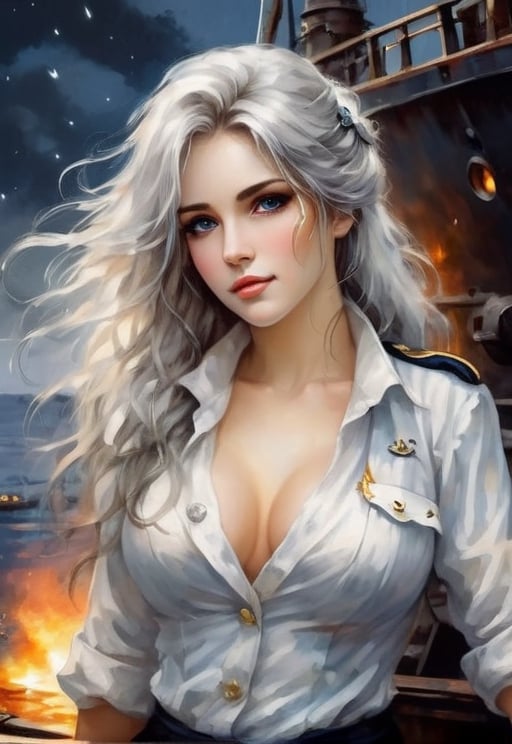 girl, long silver hair, large breasts, captain's white uniform, short skirt, hd, good detail, deep eye, milf, seductive, (bra hidden), black stockings, beautiful expressive eyes, silver color, blue eyes, giving honor, a look to the side, a large battleship behind, a cannon on a ship, a pier, in the body, a sexy cutout on the chest 1.2, a confident look, joy on the face, night, moon, play of light, rays, fireflies, the ocean glows, fire in the eyes, lively look, beads of sweat on the chest