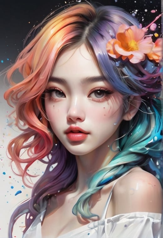 (Masterpiece, Best Quality, High Resolution), White Background, ((Paint Splash, Color Splash, Splash of Ink, Color Splash)),, Sweet Chinese Girl, Rainbow Hair, Peach Lips, Front, Upper Body