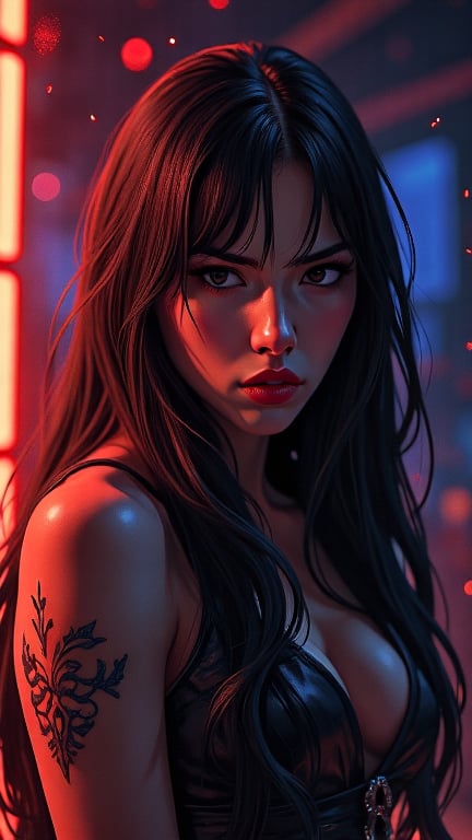 A fierce anime character deep in thought, with long flowing black hair, Over The Shoulder shot, in the style of Alex Maleev, Piero della Francesca, George Birrell, dark and intense, surrounded by vibrant lights, illuminating the scene with a mix of red and blue, Photo realistic art influence, 32K, UHD, sharp focus --ar 2:3 --niji 5 --q 2