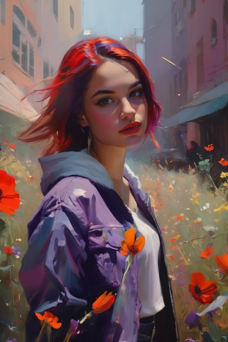 angel, ismail inceoglu, colorful pop, michael malm, emotionally charged portraits, violet and red, floral, hip-hop style