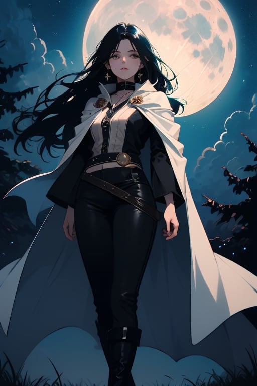 1girl, belt, black hair, boots, cape, black robe, leather pants, feet out of frame, full moon, jewelry, long hair, moon, moonlight, night, night sky, sky, solo, standing, star \(sky\), starry sky masterpiece, best quality,